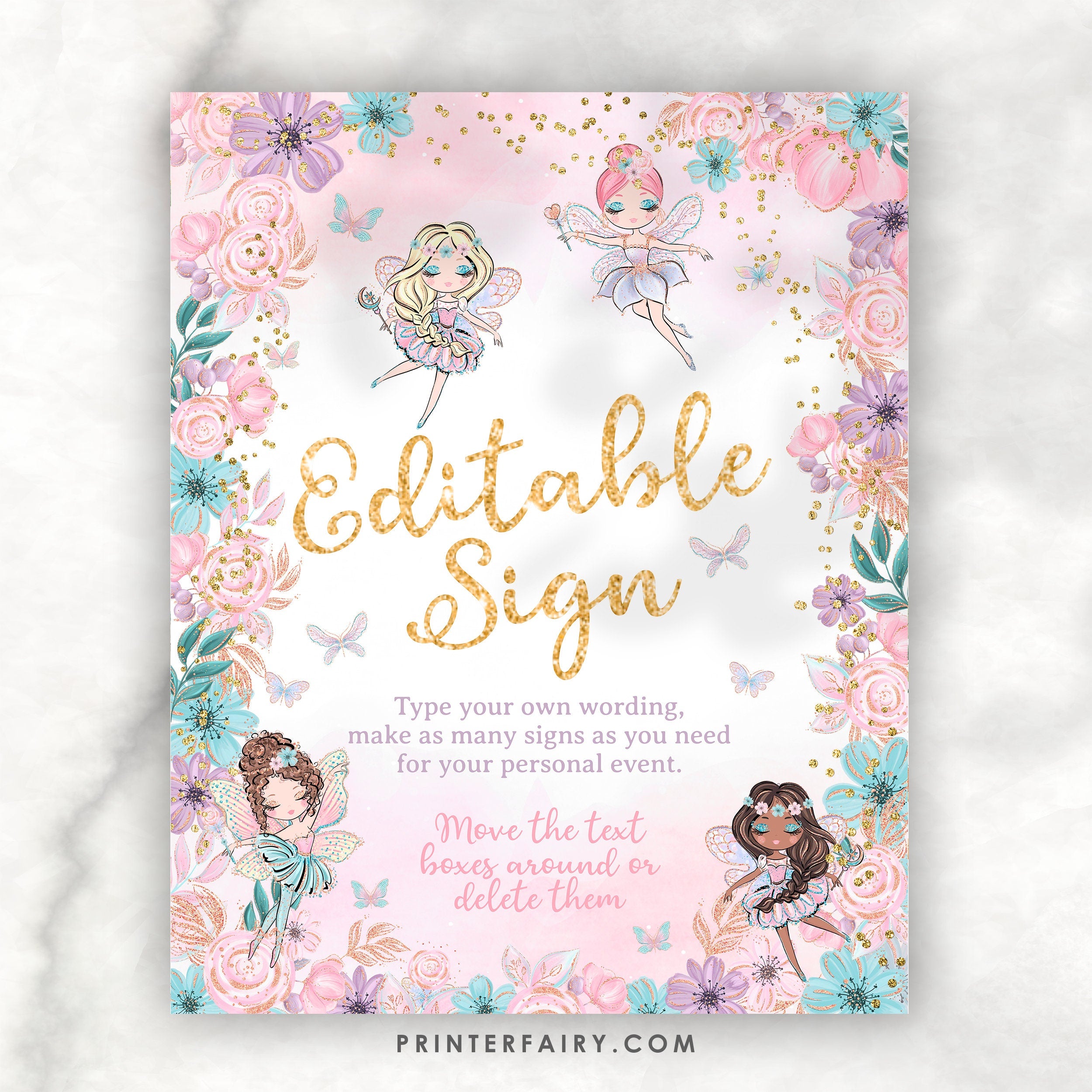Fairy Ballerina Editable Welcome Sign, Floral Birthday Party (Digital Download)