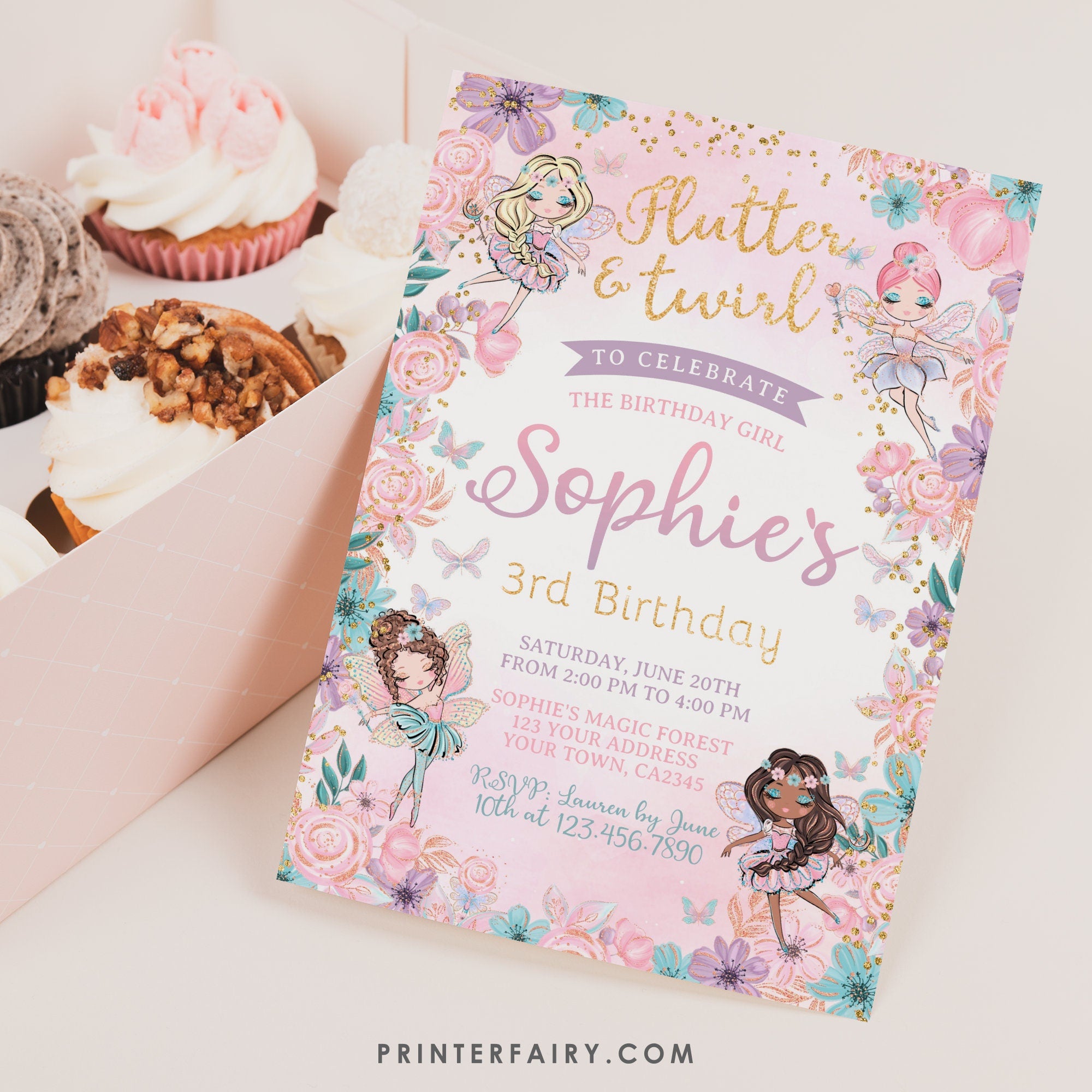 Fairy Ballerina Birthday Invitation, Editable Template (Digital Download)
