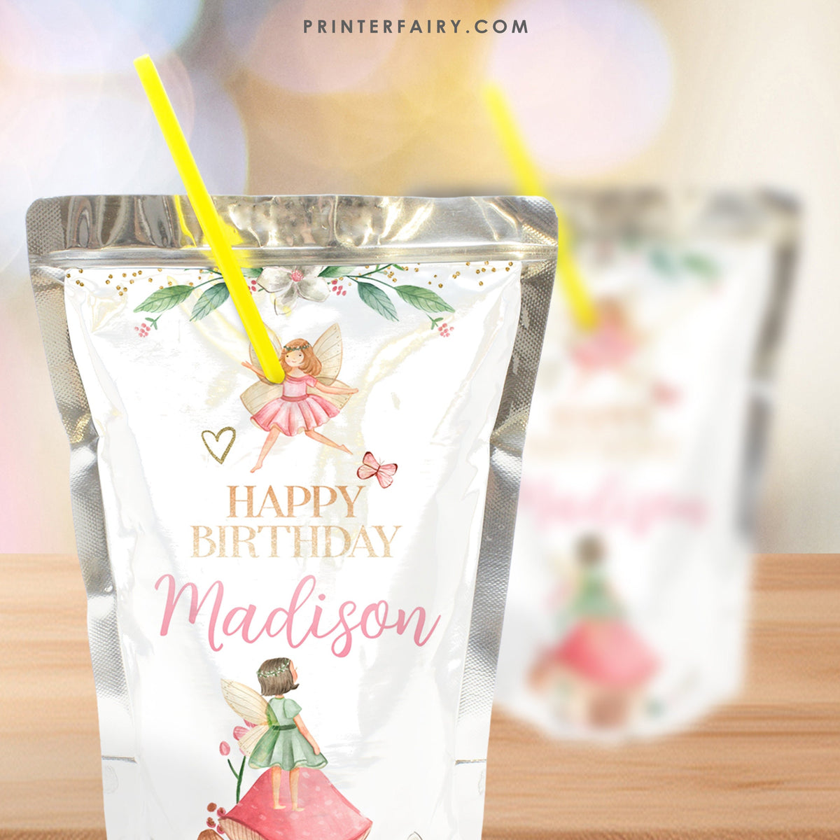 Editable Fairy Birthday Drink Pouch Labels, Princess Garden Theme (Digital)