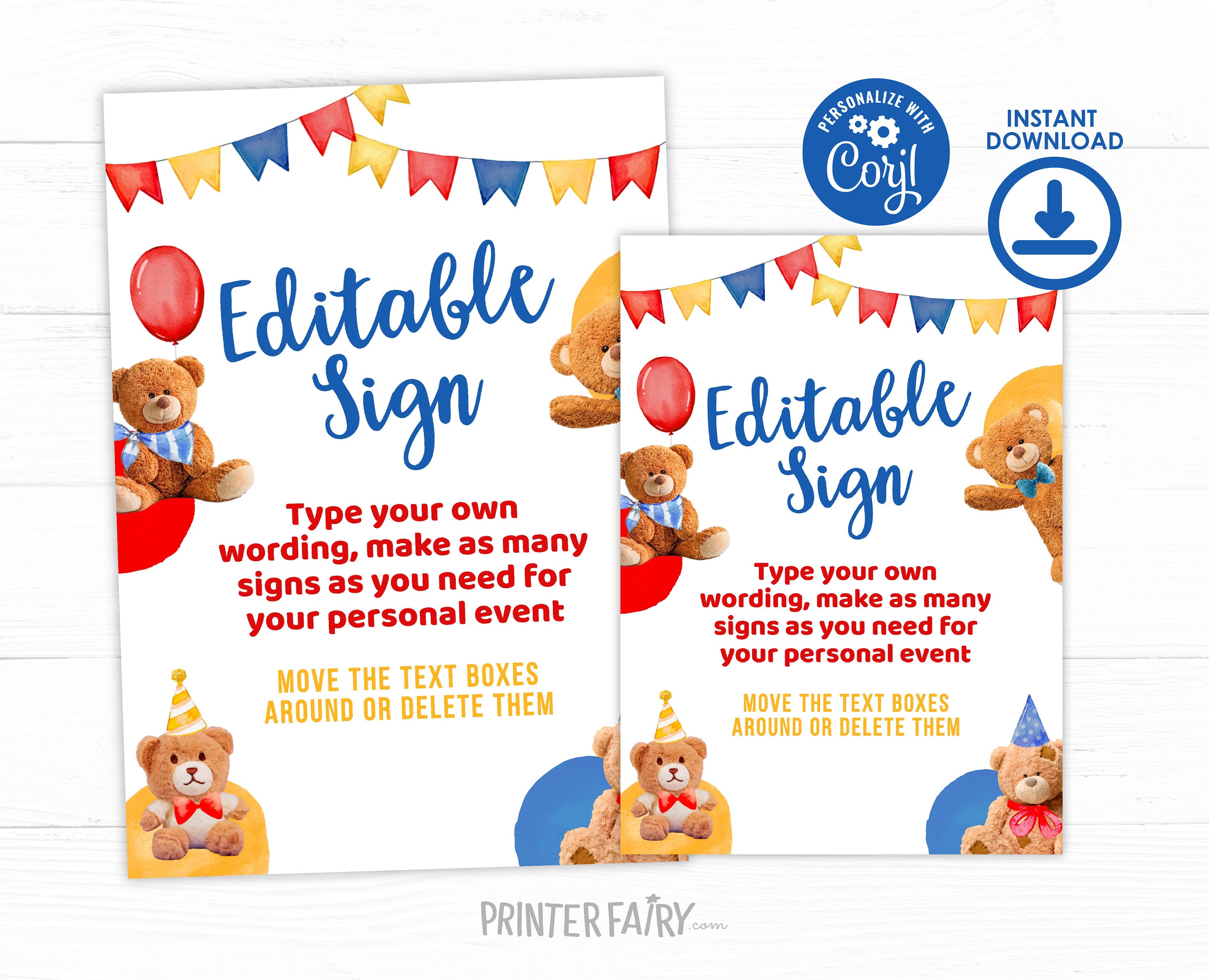 Bear Birthday Party Editable Welcome Sign (Digital Download)