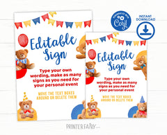 Bear Birthday Party Editable Welcome Sign (Digital Download)