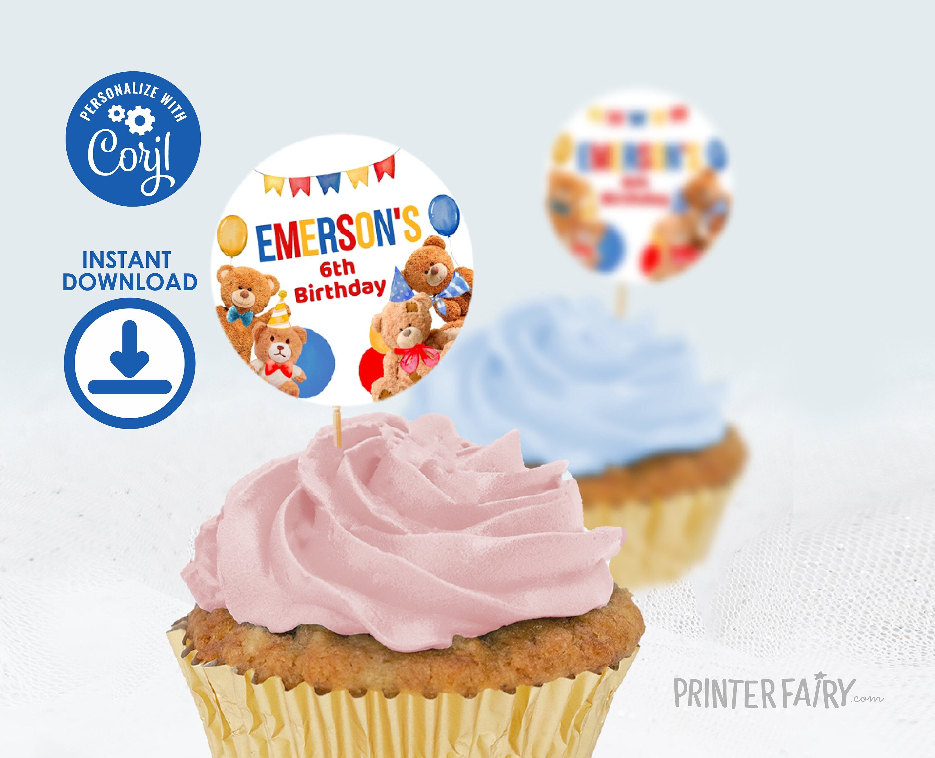Editable Bear Birthday Cupcake Toppers, Teddy Bear Party (Digital Item)