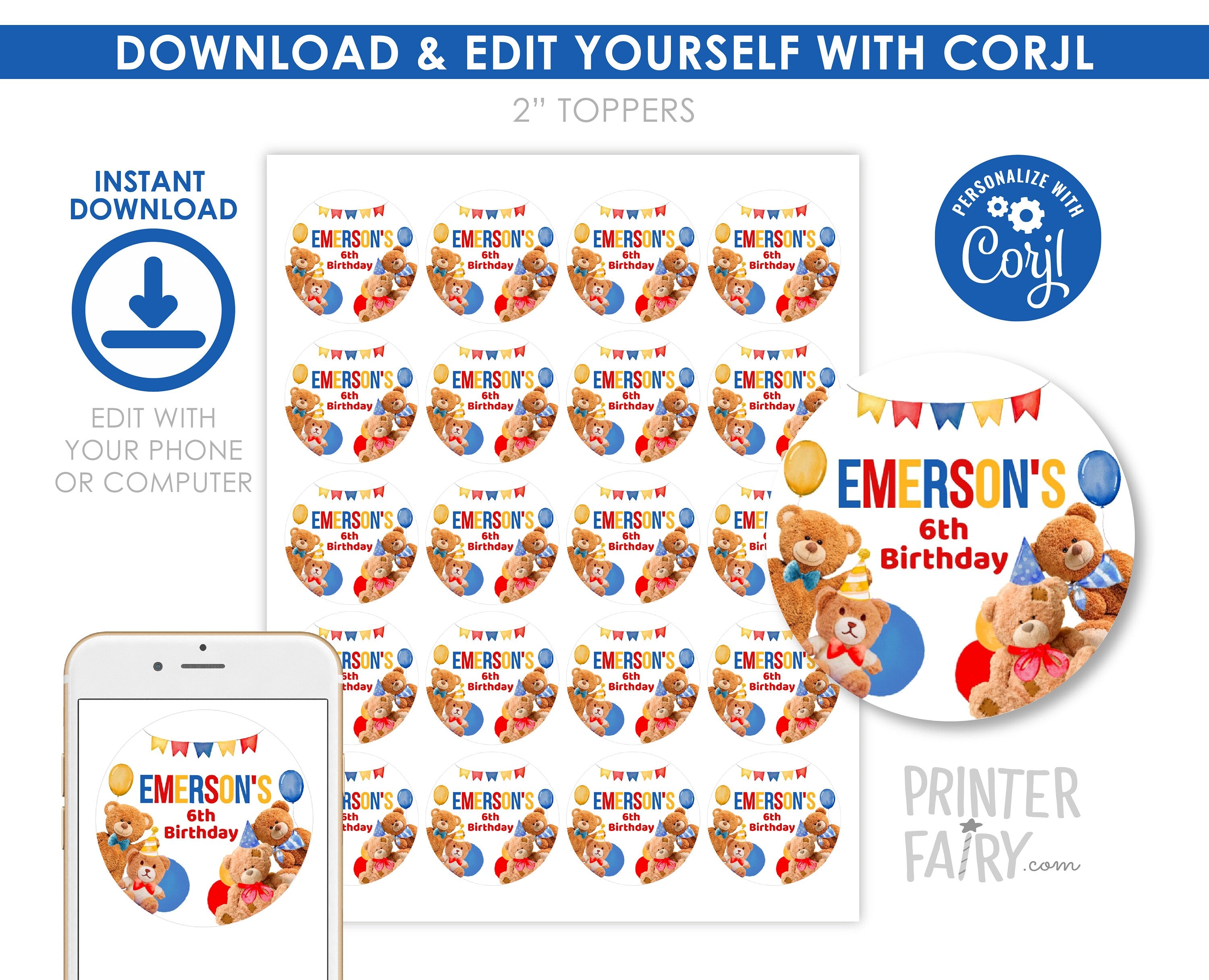 Editable Bear Birthday Cupcake Toppers, Teddy Bear Party (Digital Item)