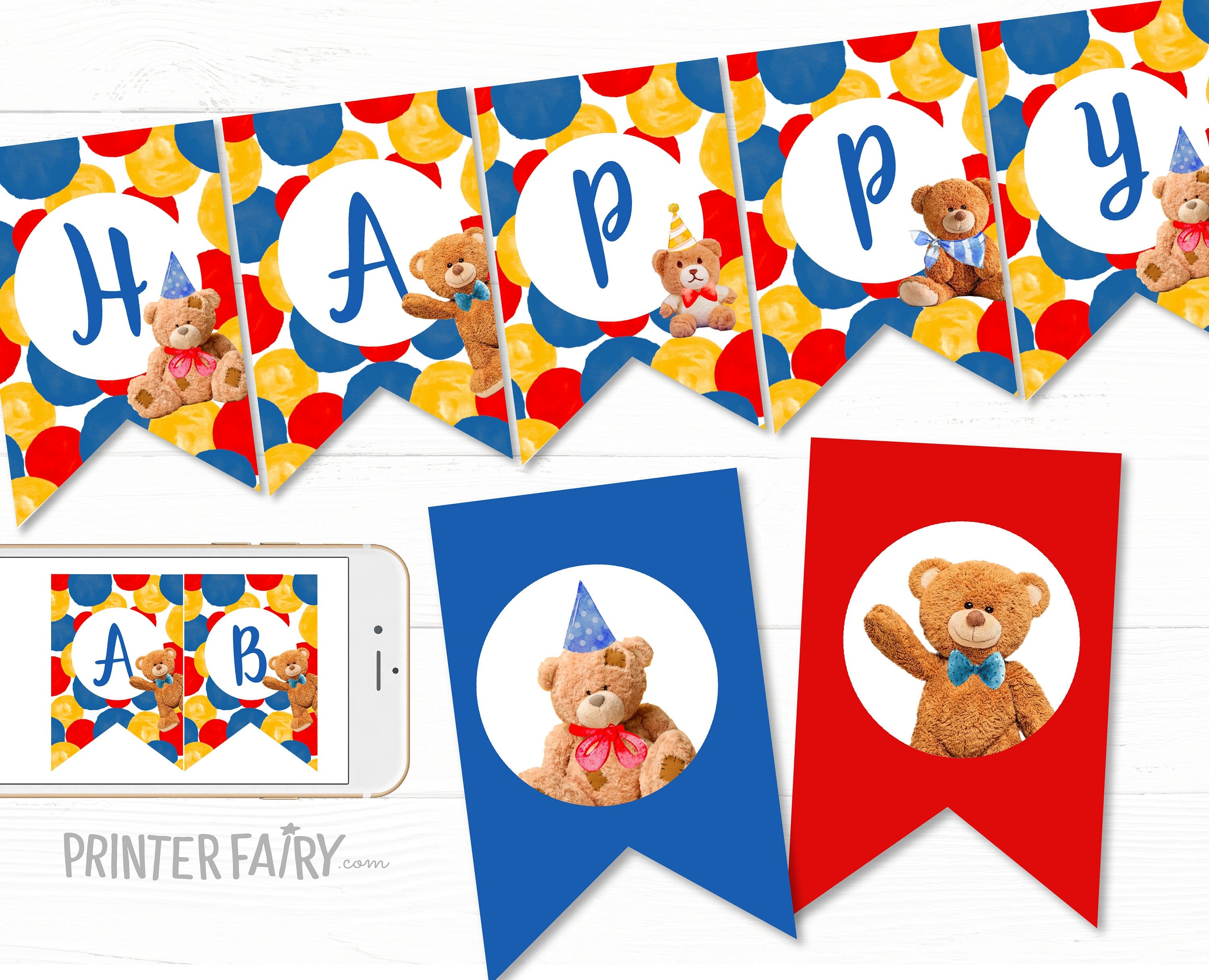 Bear Birthday Party Banner, Editable Garland (Digital Download)