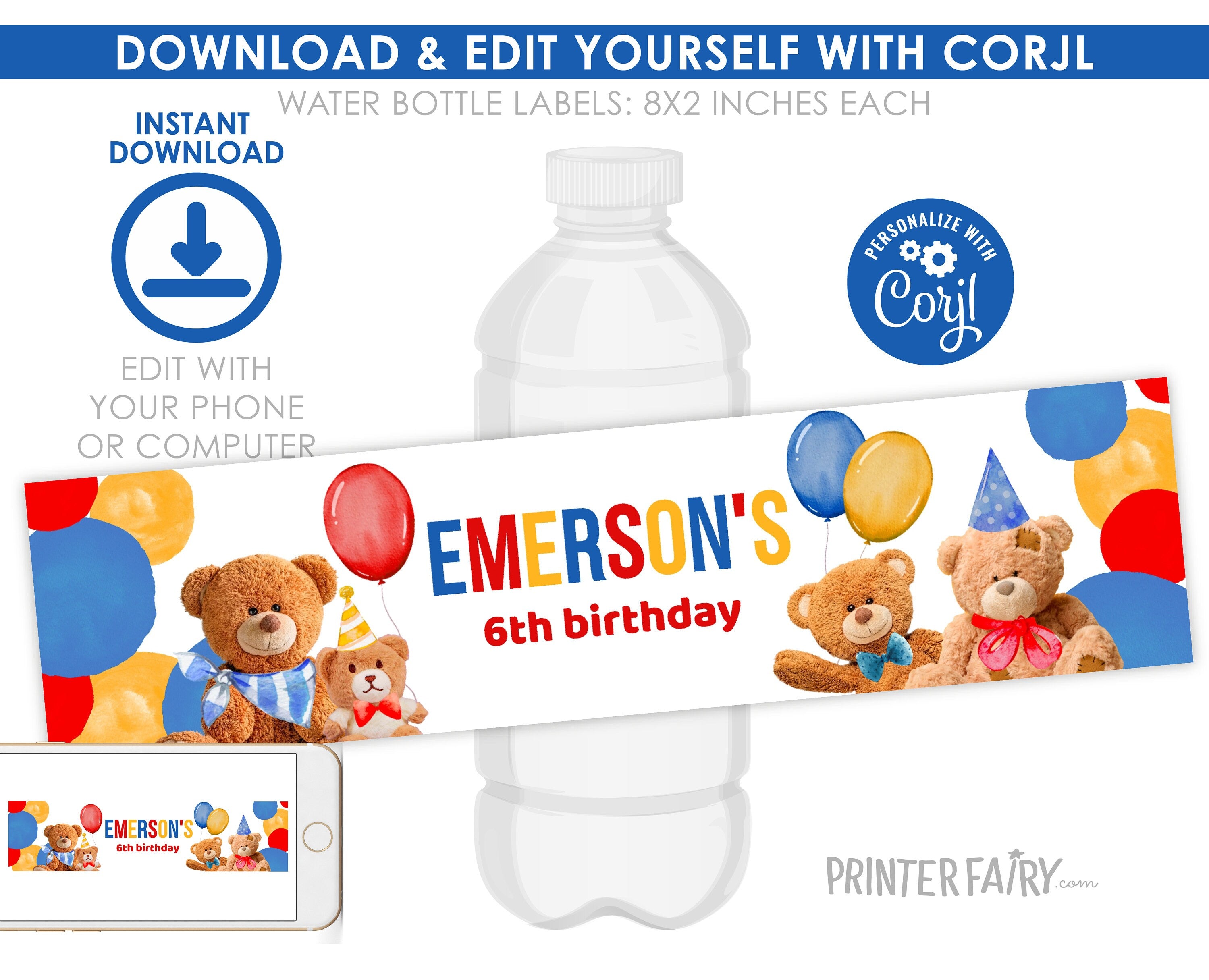 Bear Birthday Water Bottle Label, Editable Party Decor (Digital)