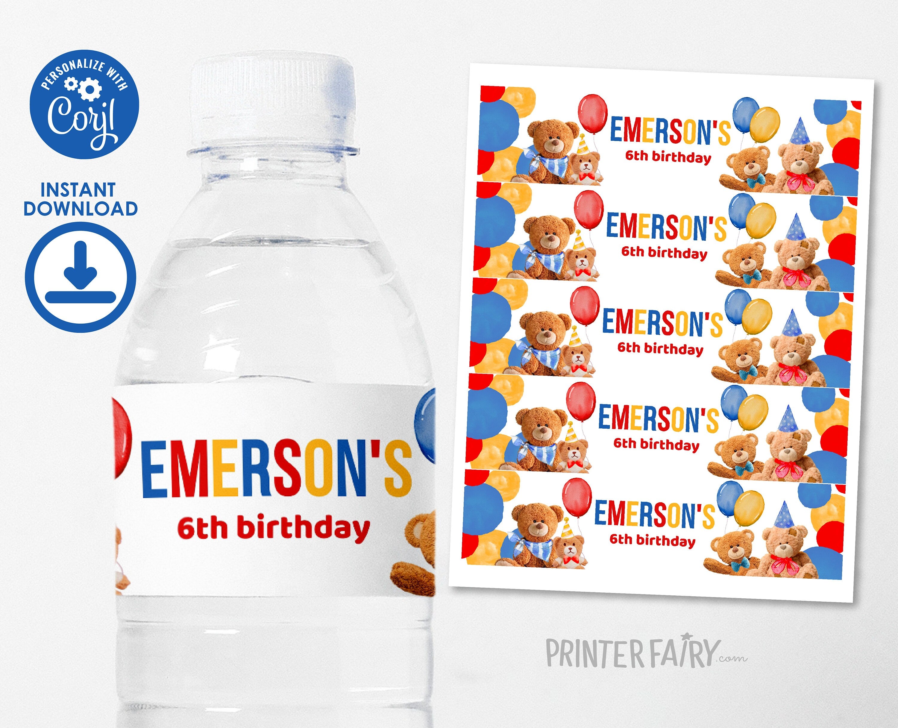 Bear Birthday Water Bottle Label, Editable Party Decor (Digital)