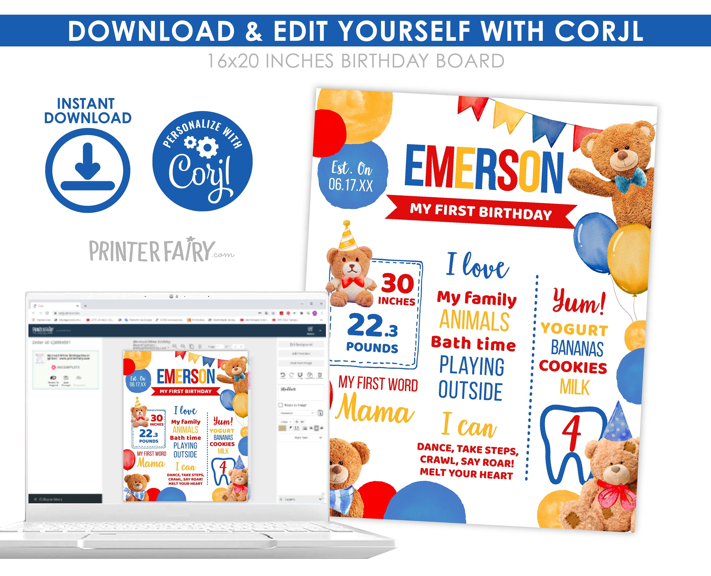Bear First Birthday Stats Board, Teddy Bear Party (Editable Digital Item)