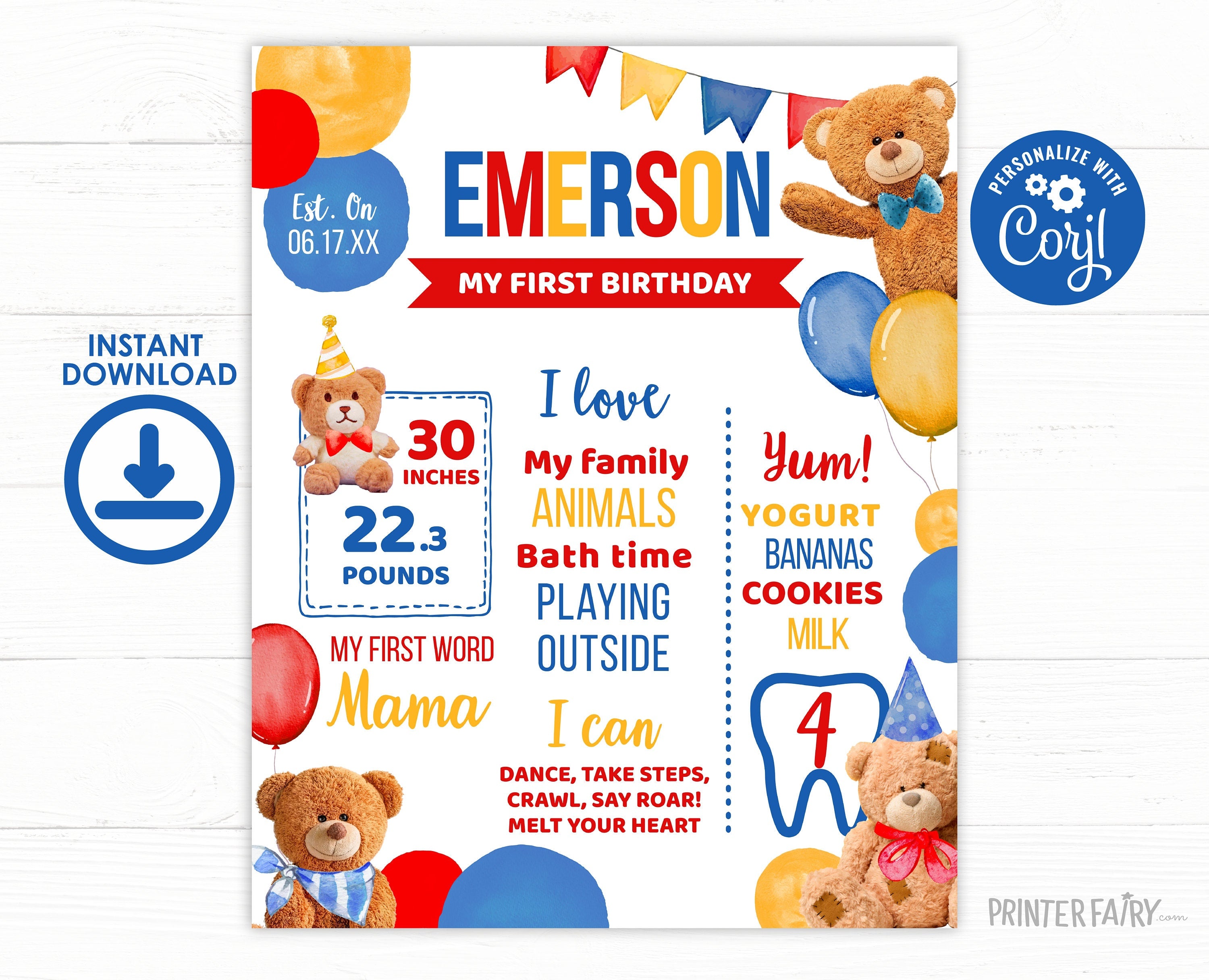 Bear First Birthday Stats Board, Teddy Bear Party (Editable Digital Item)