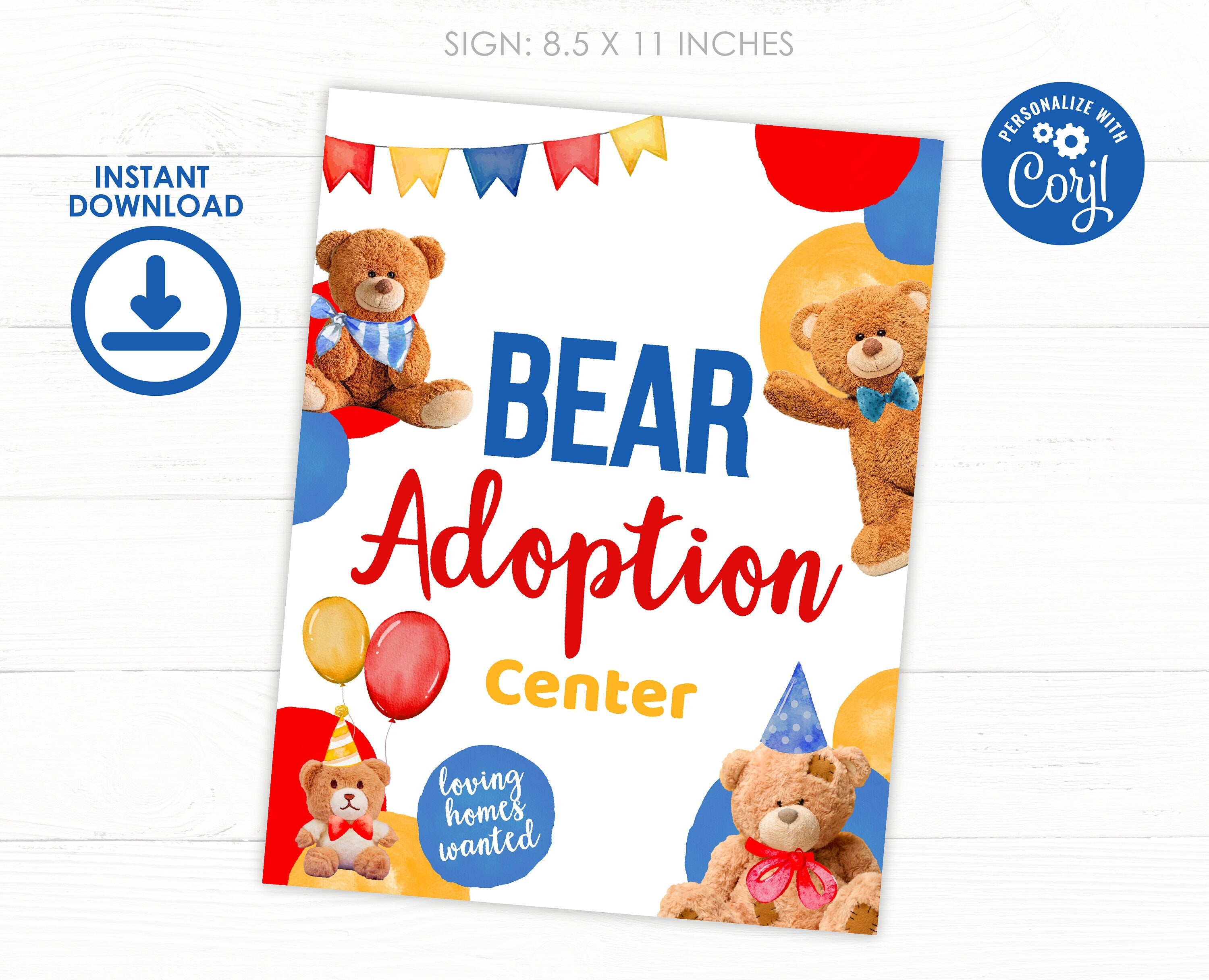 Bear Adoption Sign and Certificate, Editable Birthday Party Decor (Digital Download)