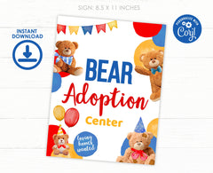 Bear Adoption Sign and Certificate, Editable Birthday Party Decor (Digital Download)