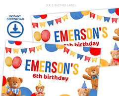 Bear Birthday Party Favor Box Label, Editable Gable Box (Digital Item)