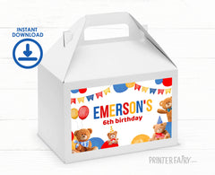 Bear Birthday Party Favor Box Label, Editable Gable Box (Digital Item)