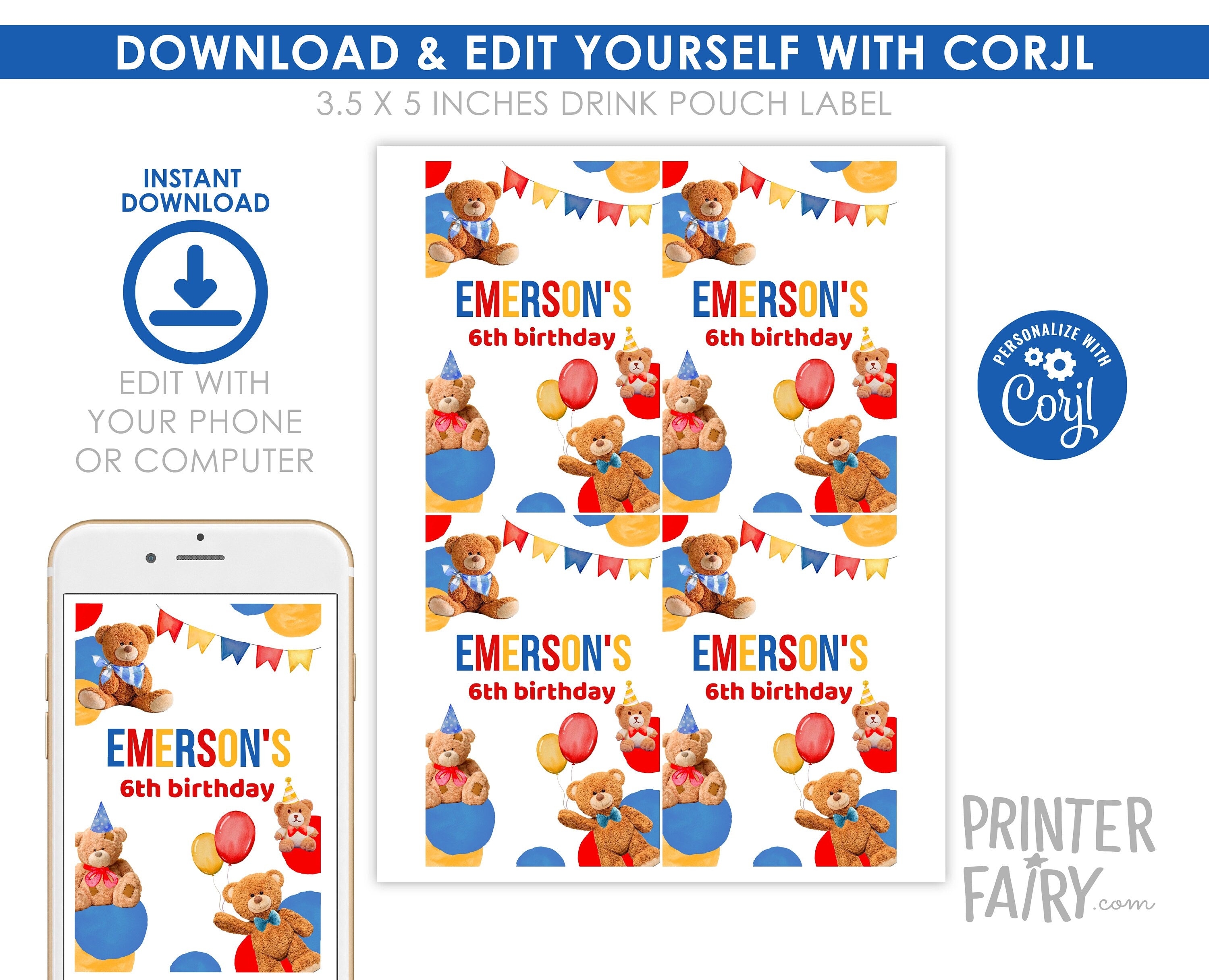 Teddy Bear Birthday Party Drink Pouch Label, EDITABLE (Digital Item)