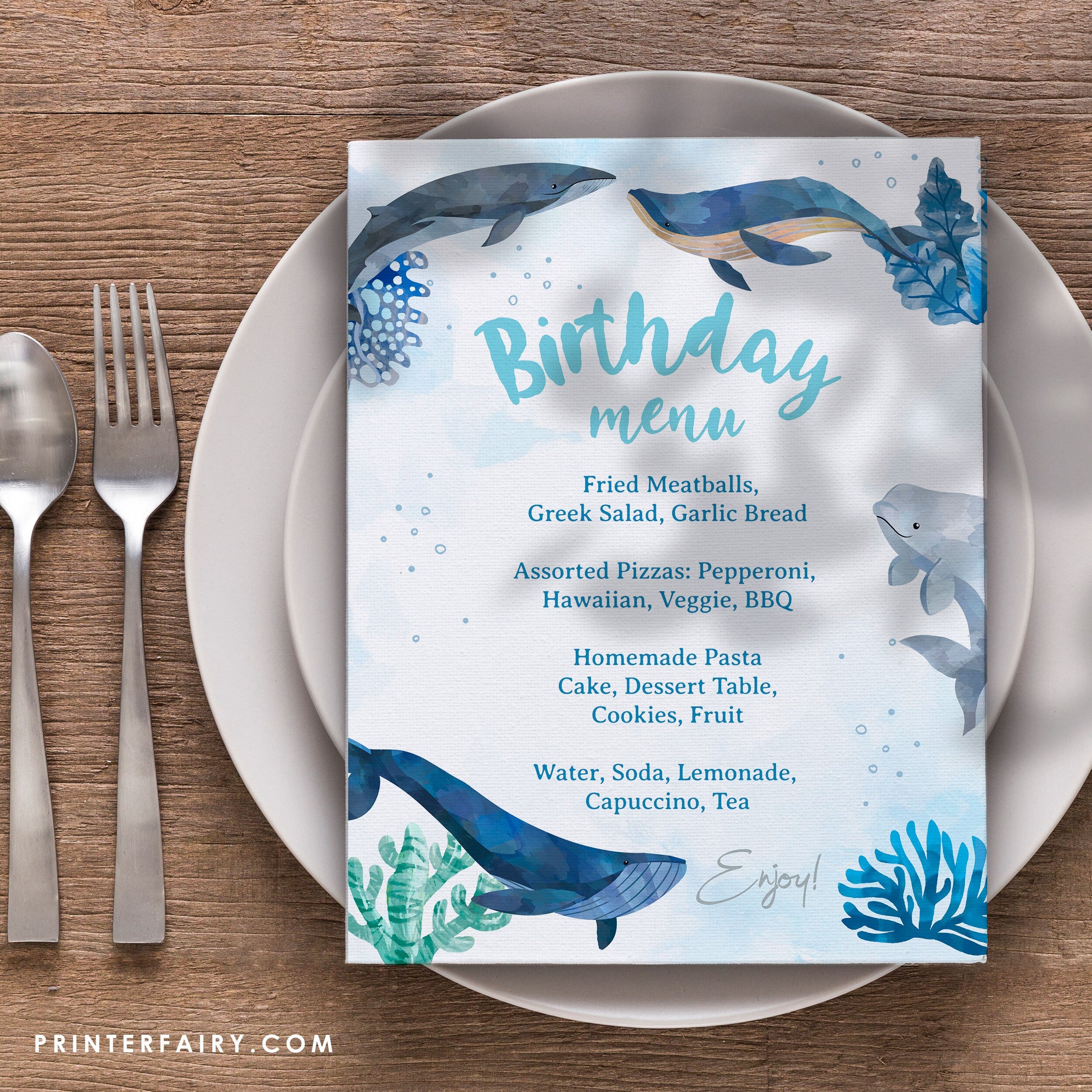Under the Sea Birthday Menu, Whales, Editable Printable
