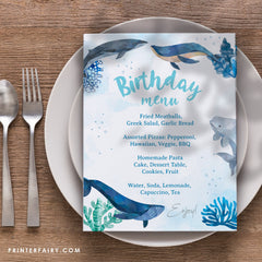 Under the Sea Birthday Menu, Whales, Editable Printable