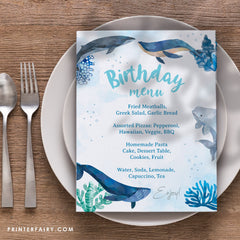 Under the Sea Birthday Menu, Whales, Editable Printable