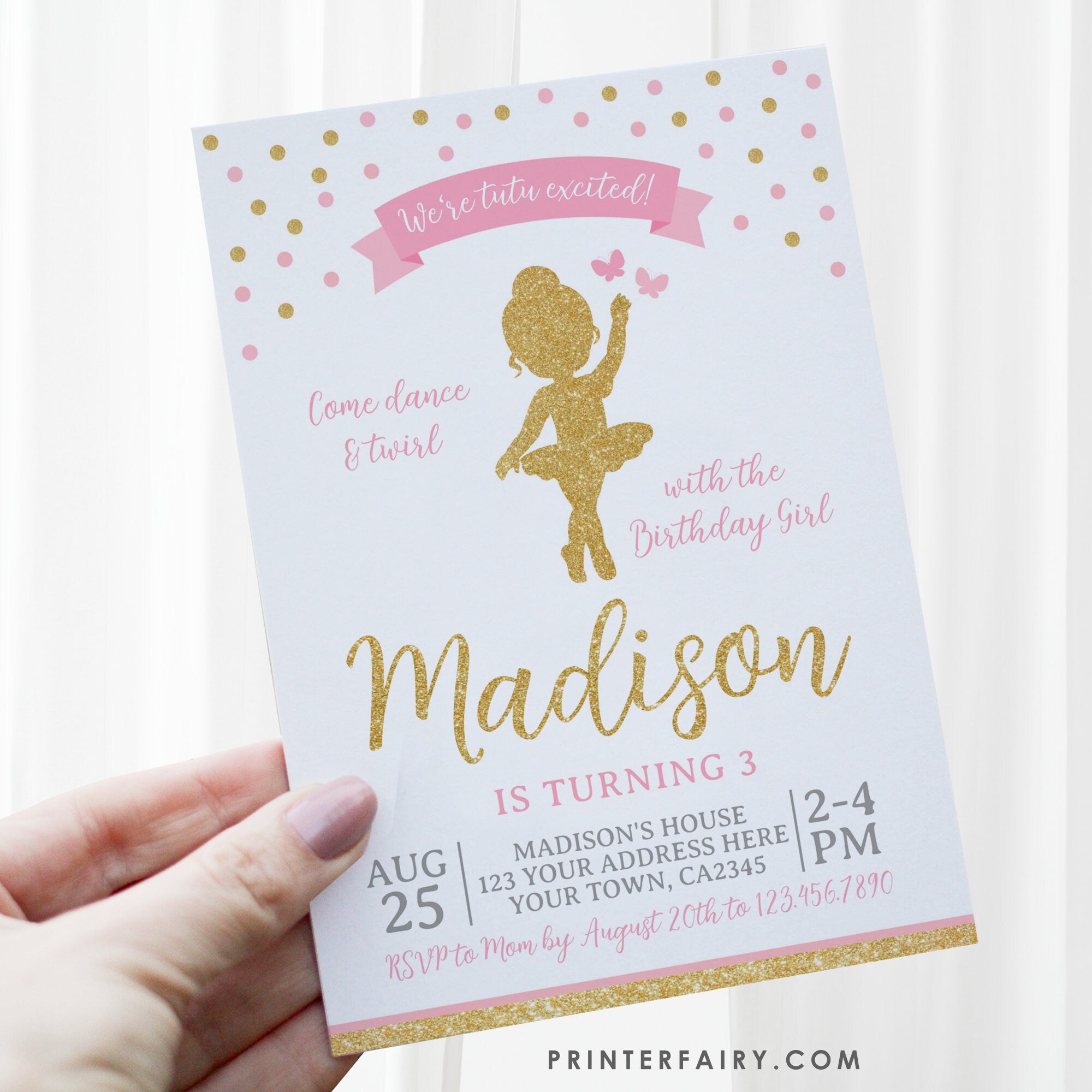 Ballerina Birthday Party Invitation Editable Template, Pink and Gold Theme, Instant Downlod