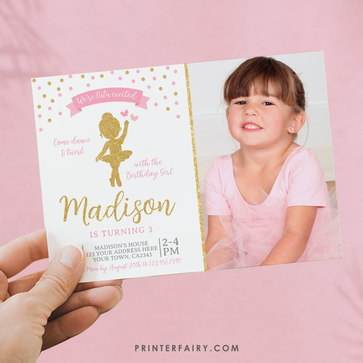 Editable Ballerina Birthday Invitation with Photo (Digital Invite)