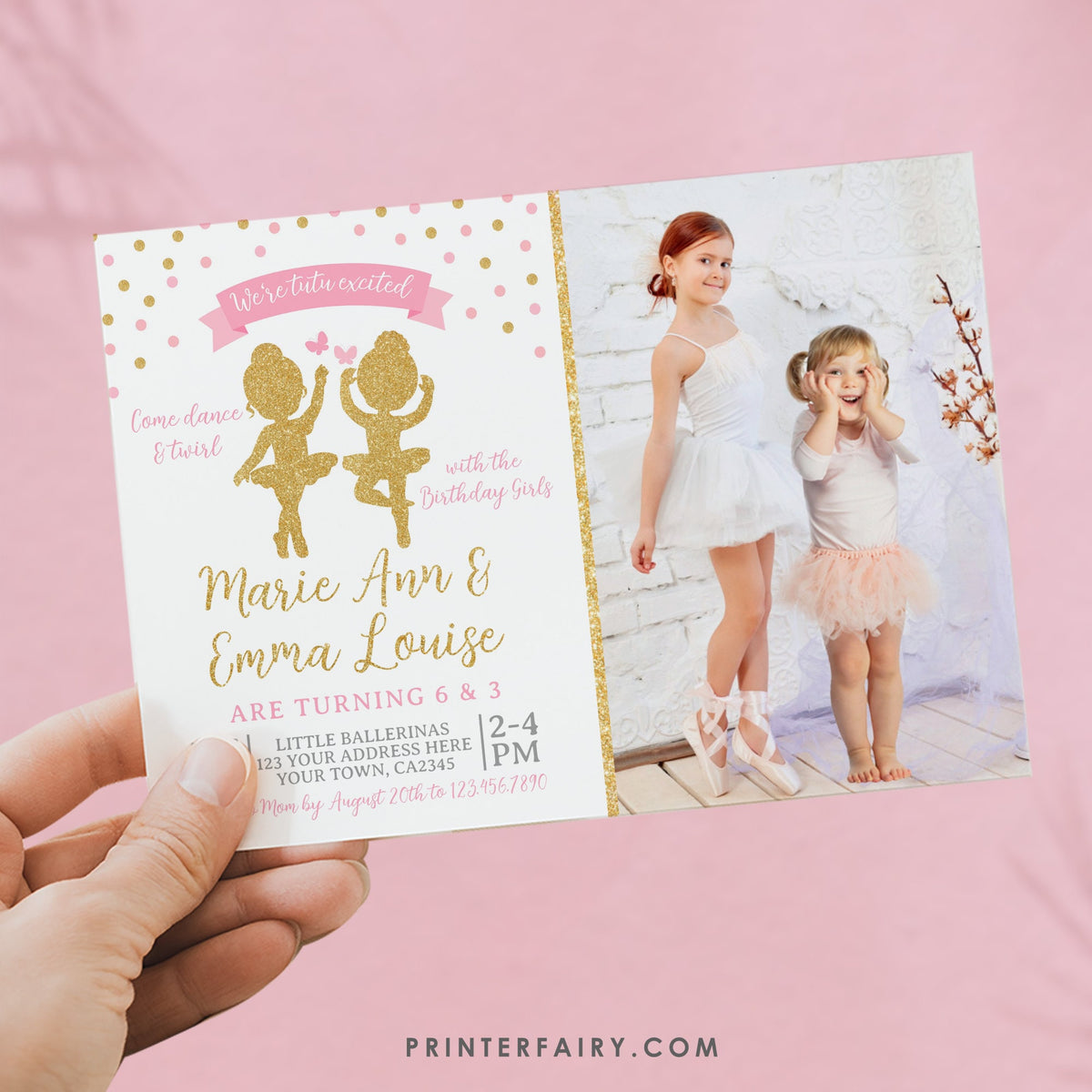 Ballerina Birthday Invitation, Photo, Siblings Party (Instant Download)