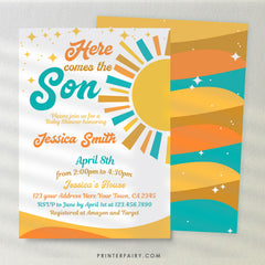 Here Comes the Sun Baby Shower Invitation, Boho Sunshine (Editable Template)