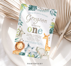 Safari 1st Birthday Editable Invitation with Greenery, Lion, Giraffe, Zebra, Rhino, Elephant Instant Download