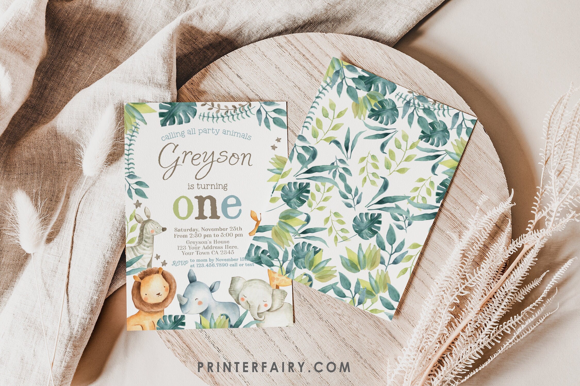 Safari 1st Birthday Editable Invitation with Greenery, Lion, Giraffe, Zebra, Rhino, Elephant Instant Download