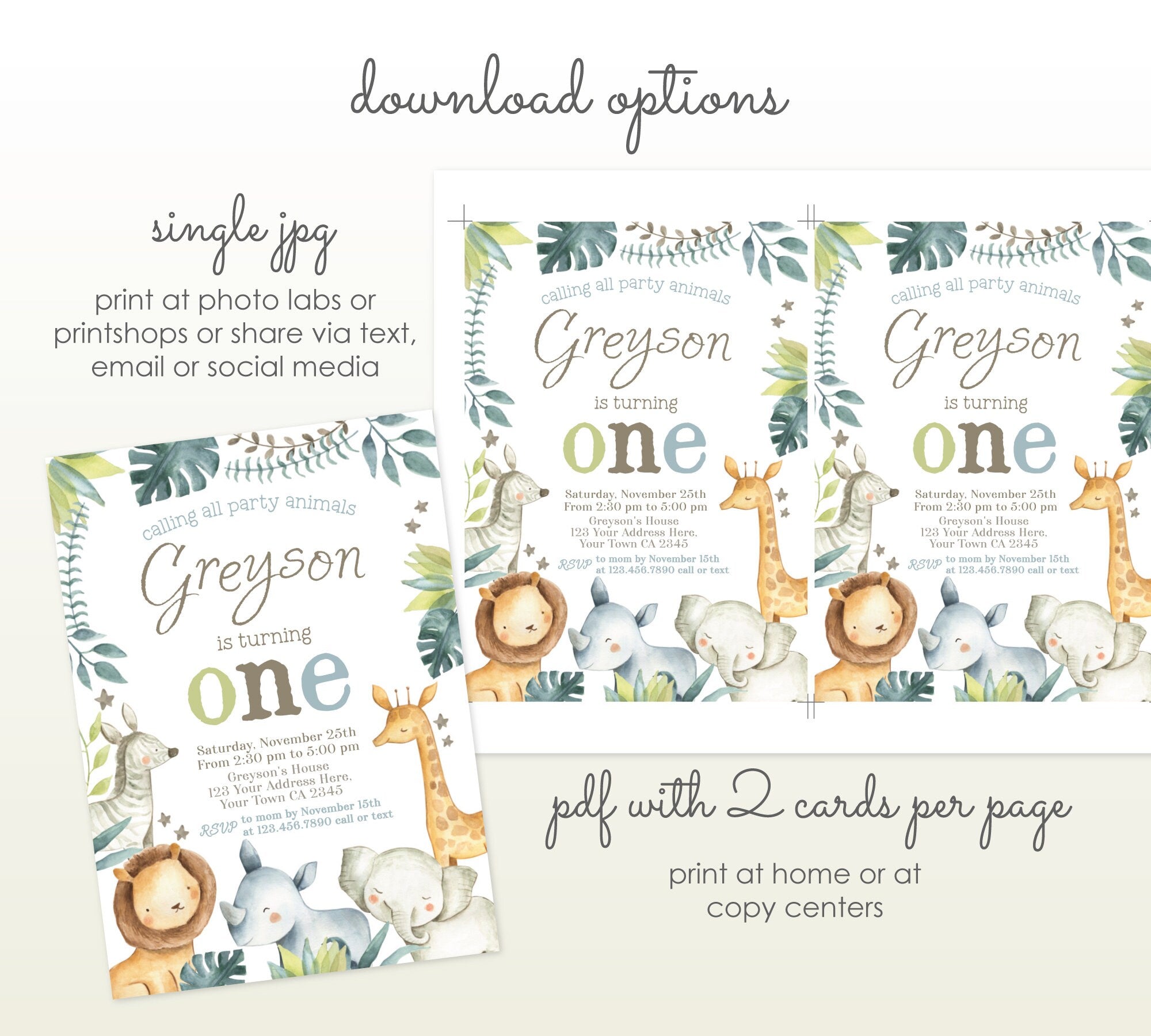 Safari 1st Birthday Editable Invitation with Greenery, Lion, Giraffe, Zebra, Rhino, Elephant Instant Download