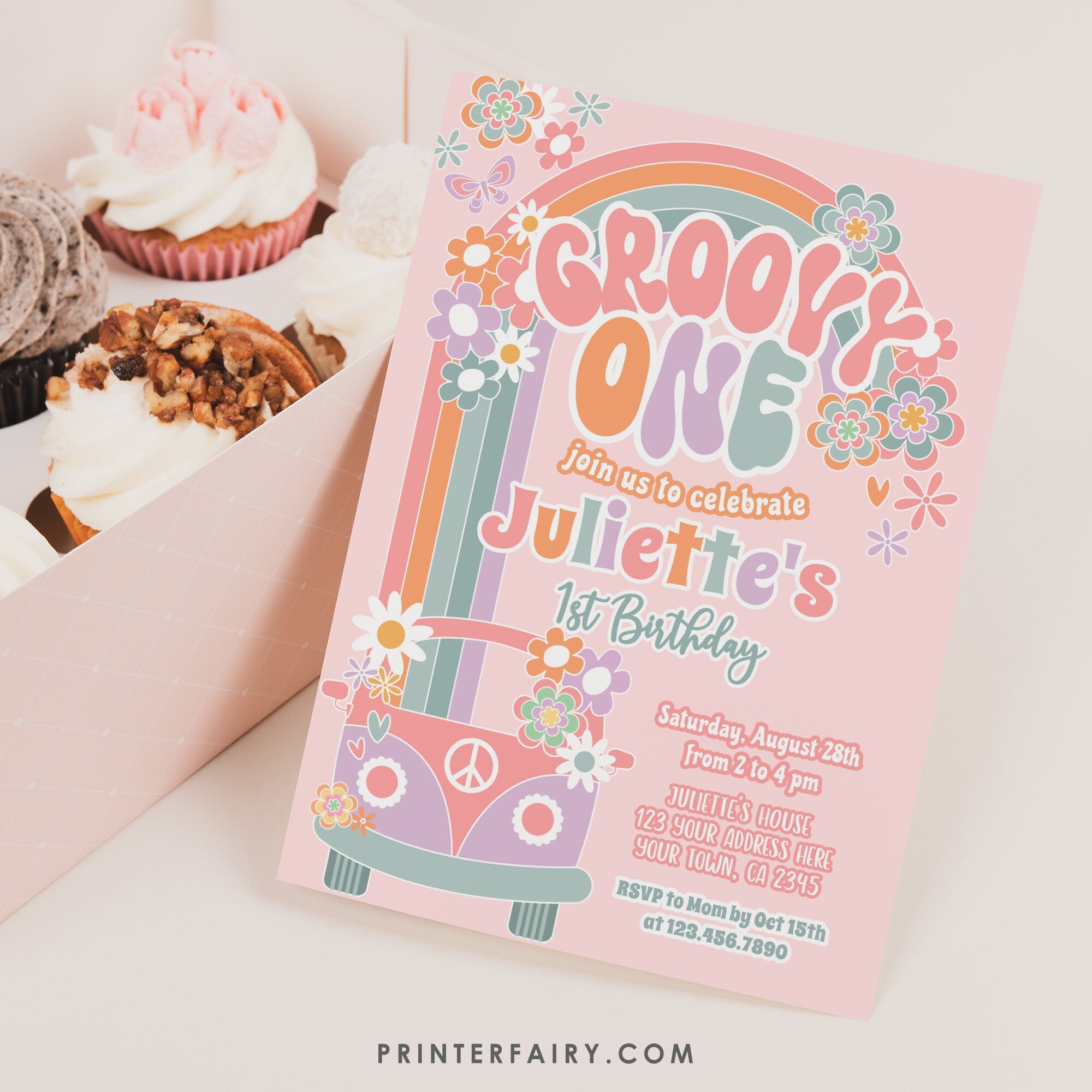 Editable Groovy One Birthday Invitation: 70s Floral Pastel Daisy Template (Digital Download)