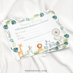 Wild Animal Adoption Sign & Certificate, Jungle Birthday Party (Digital Download)