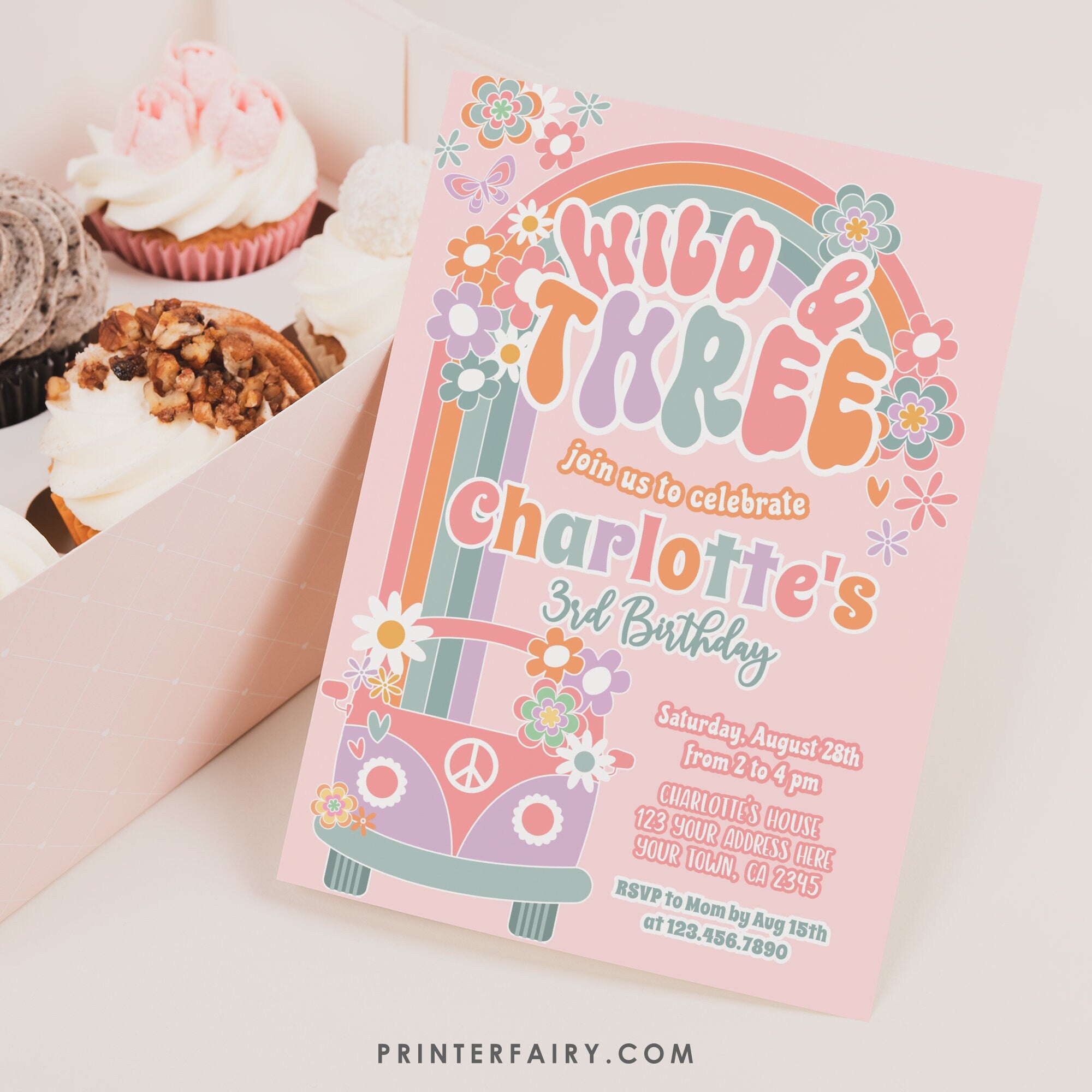 Wild and Three Birthday Invitation, Floral Daisy Rainbow (Digital Download)