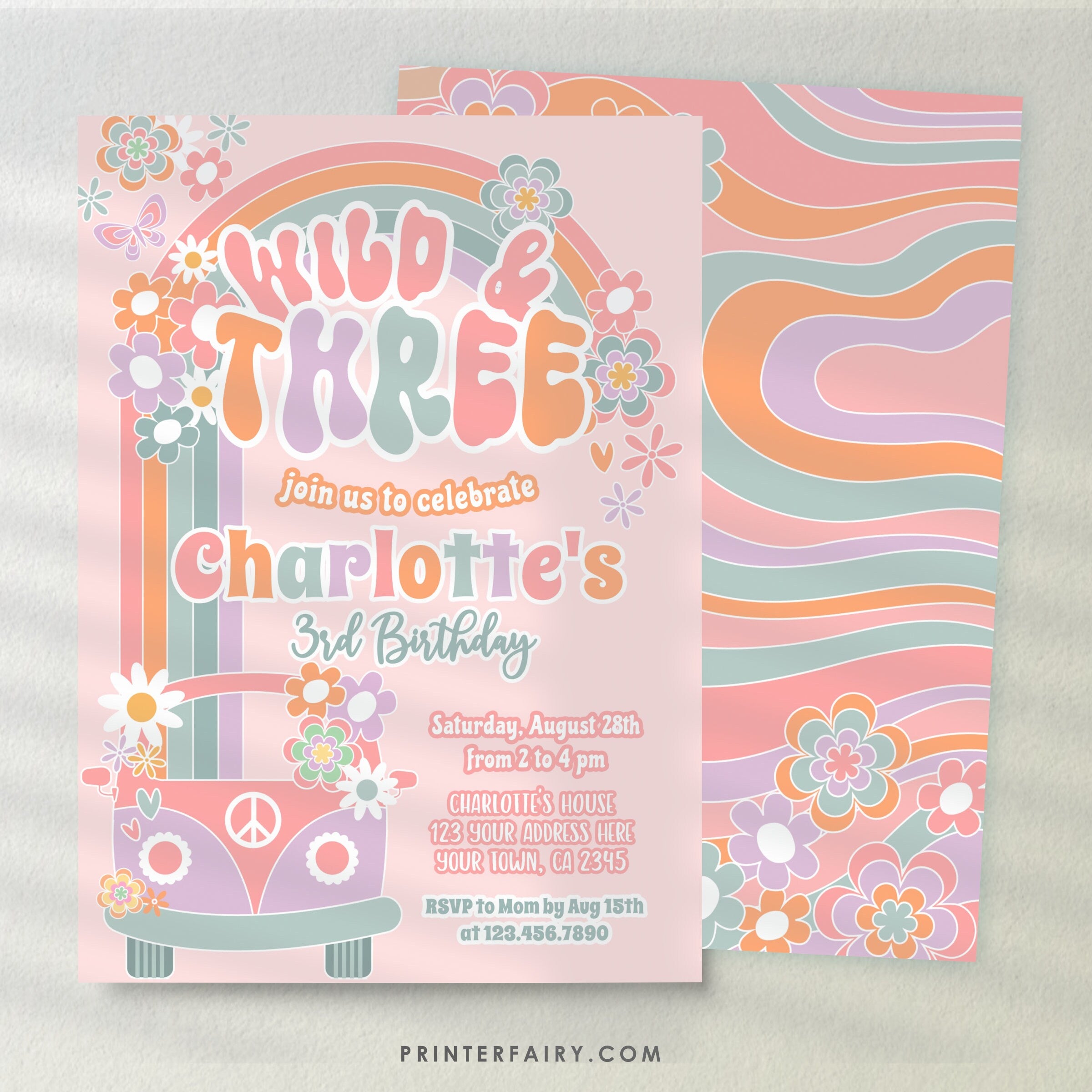 Wild and Three Birthday Invitation, Floral Daisy Rainbow (Digital Download)