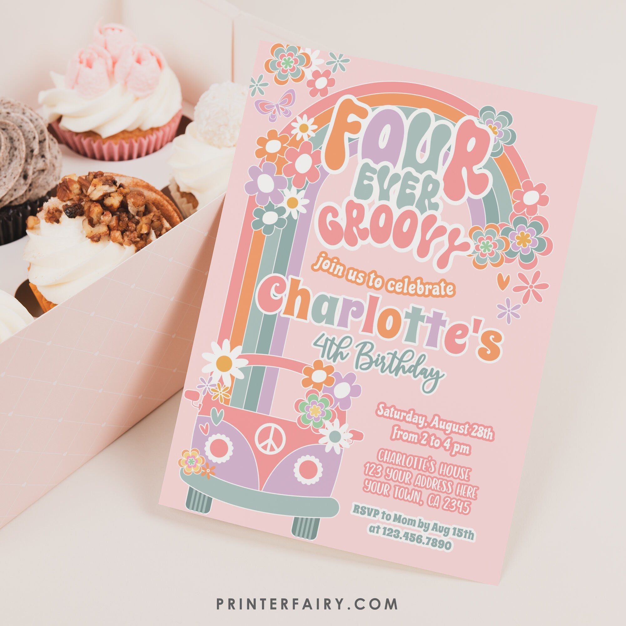 Groovy 3rd Birthday Invitation Editable Template, Daisy Rainbow Party (Digital Instant Download)