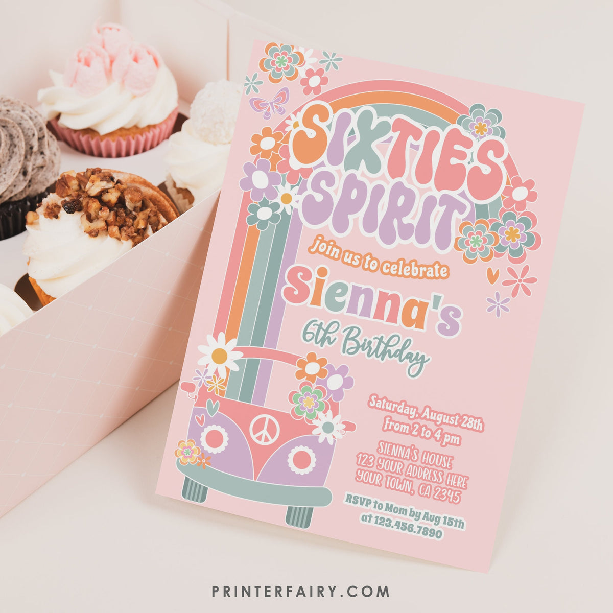 Groovy 6th Birthday Invitation, Sixties Rainbow Party (Digital Download)