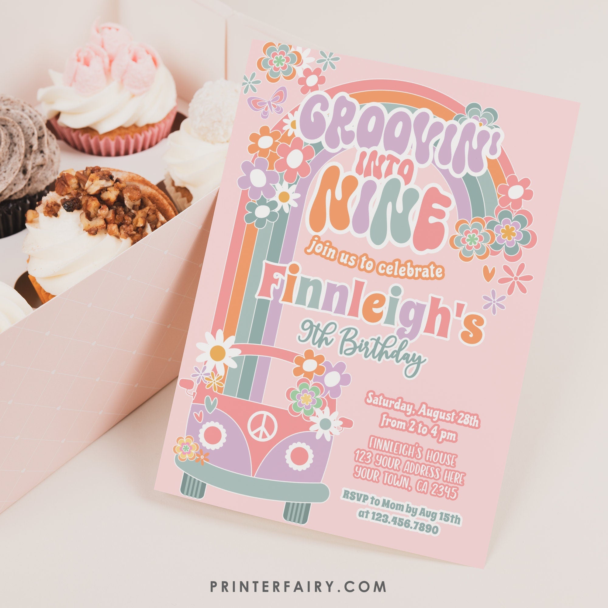 Groovin' into Nine 9th Birthday Invitation, 70s Hippie Rainbow (Digital Download)