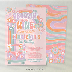 Groovin' into Nine 9th Birthday Invitation, 70s Hippie Rainbow (Digital Download)