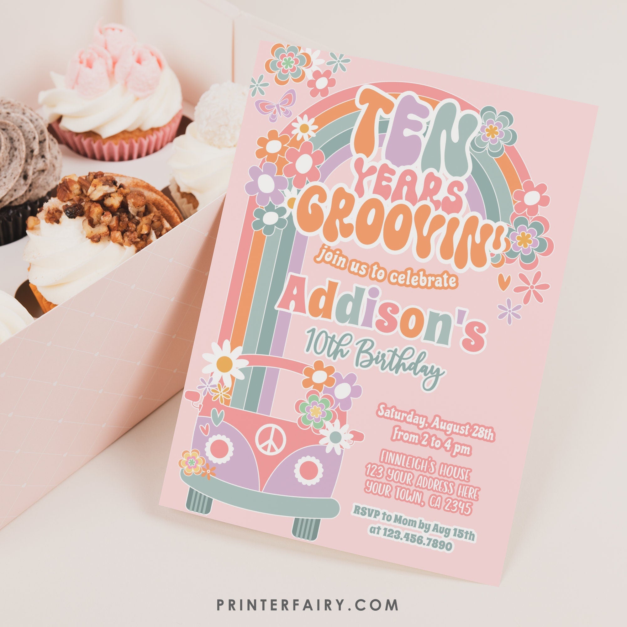 Groovy 10th Birthday Invitation: Daisy Rainbow Party Invite (Digital Download)