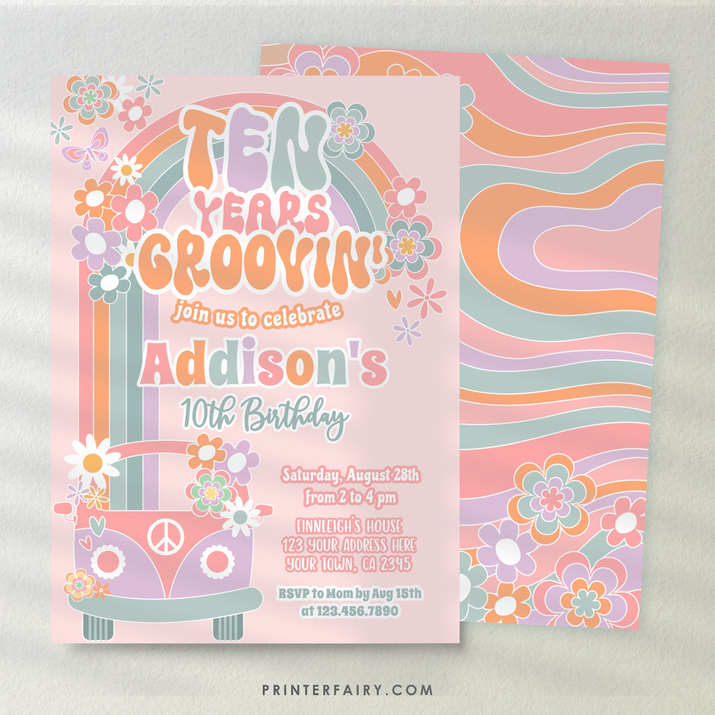 Groovy 10th Birthday Invitation: Daisy Rainbow Party Invite (Digital Download)