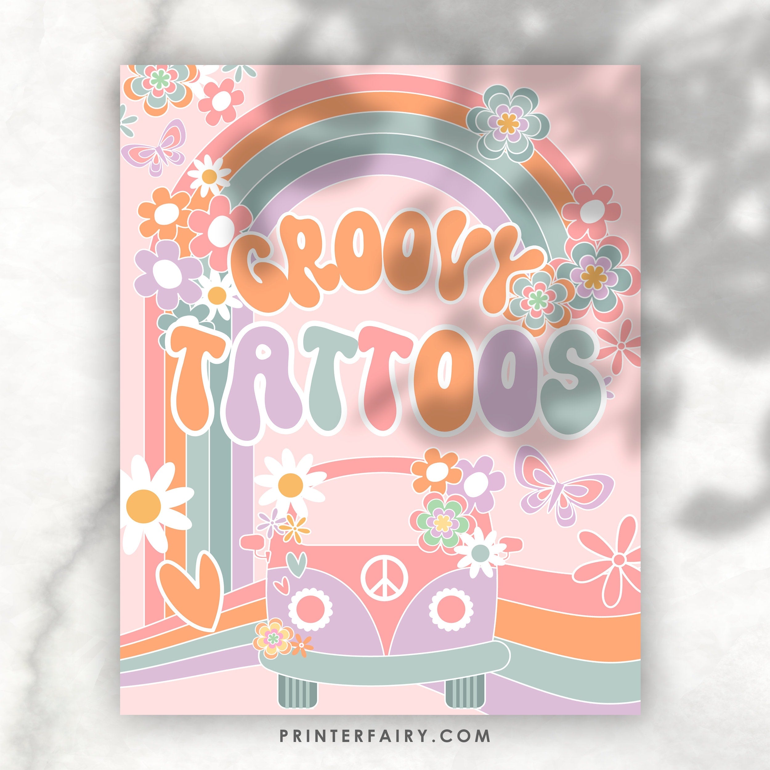 Groovy Tattoo Station Sign, Hippie Rainbow Party Decor (Digital Download)