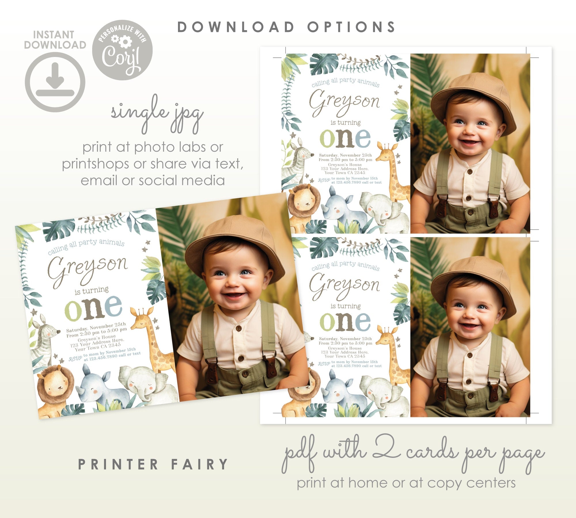 Safari Animals Editable Birthday Invitation with Photo