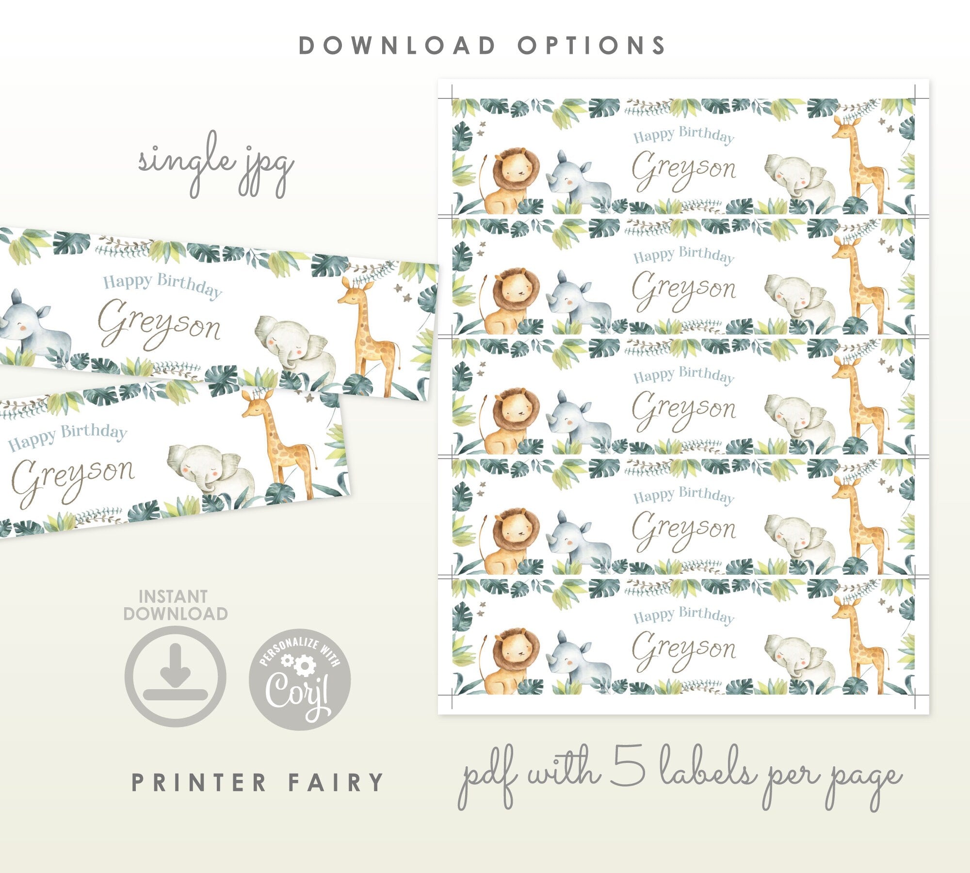 Jungle Animals Editable Water Bottle Labels, Wild One ,Safari Birthday Party Decorations