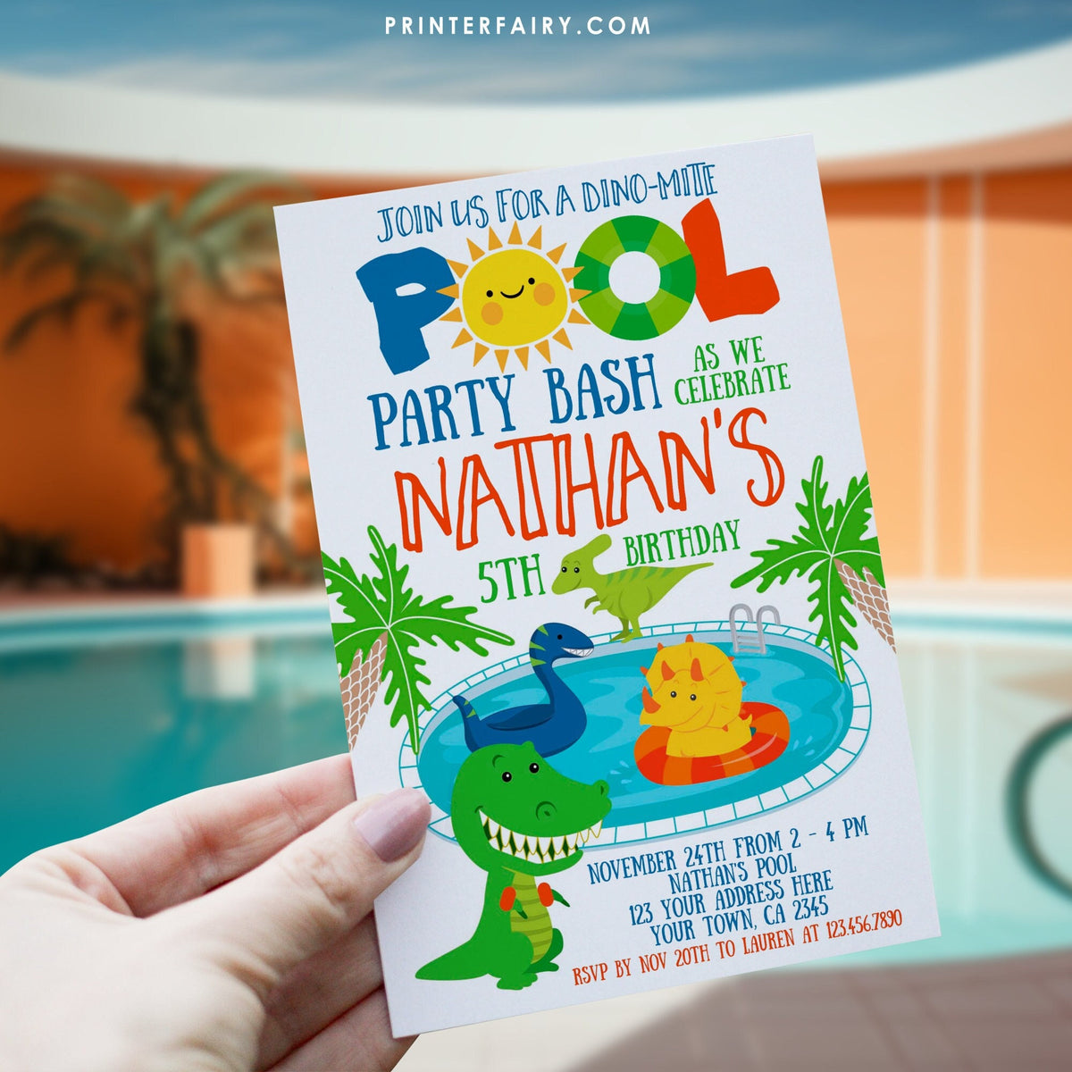 Dinosaur Pool Party Invitation, Editable T-Rex Birthday (Digital Invitation)