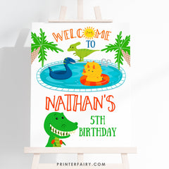 Dinosaur Pool Party Welcome Sign, EDITABLE Birthday Decor (Digital Download)