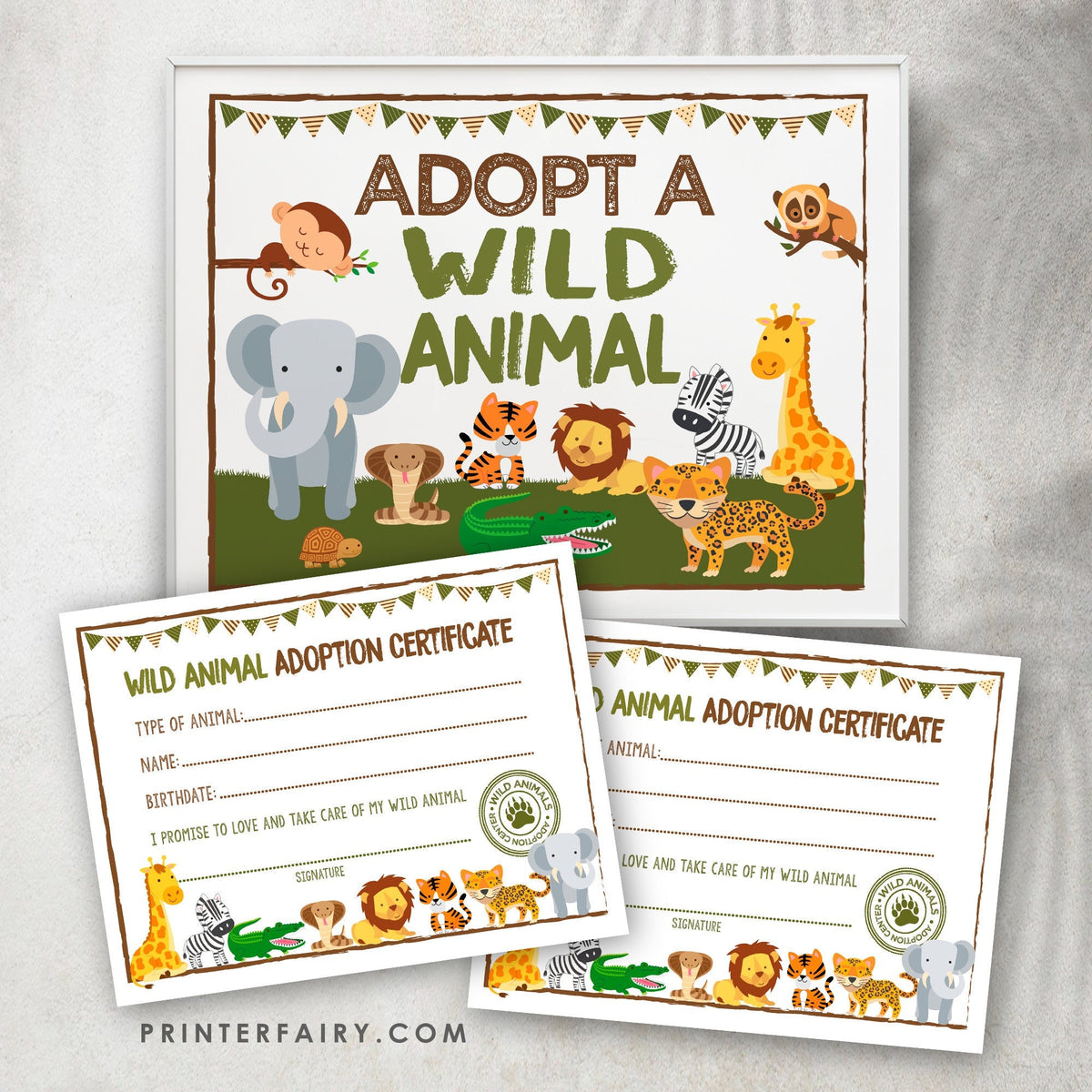 Adopt a Wild Animal Sign & Certificate, Safari Party (Printable PDF)