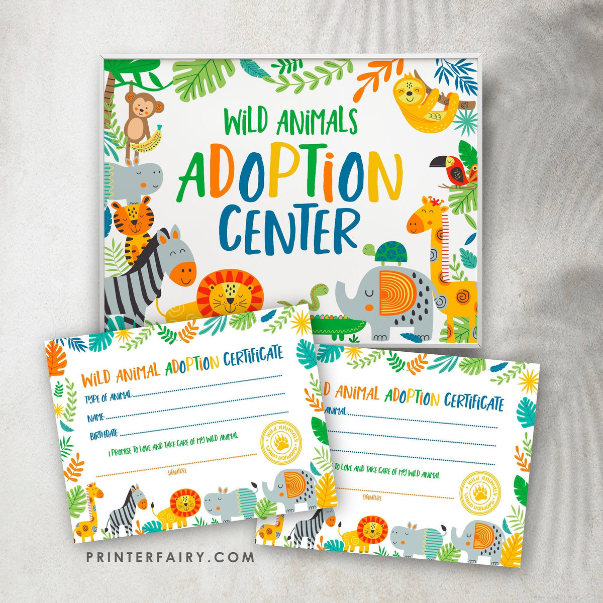 Safari Animal Adoption Party Printable Sign, Certificate (Instant Download)