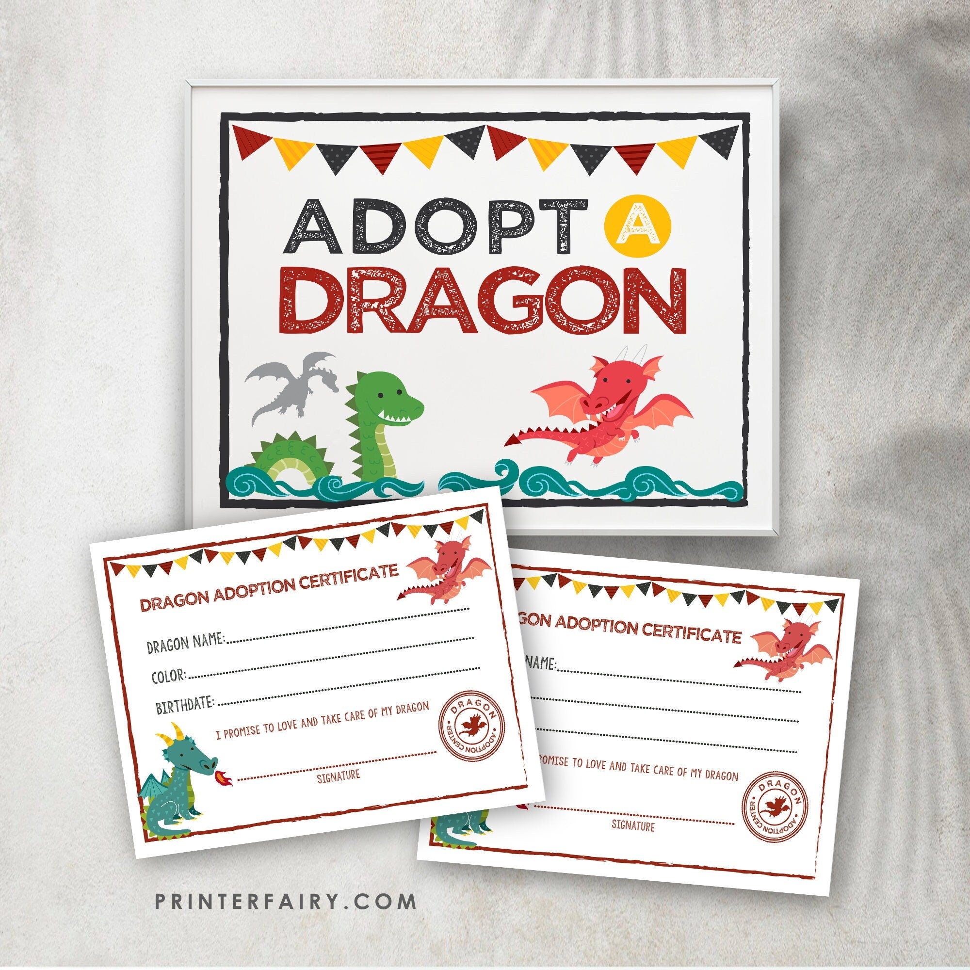 Adopt a Dragon Sign and Certificate, Dragon Birthday Party (Instant Download)