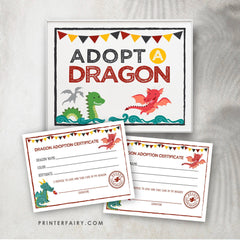Adopt a Dragon Sign and Certificate, Dragon Birthday Party (Instant Download)