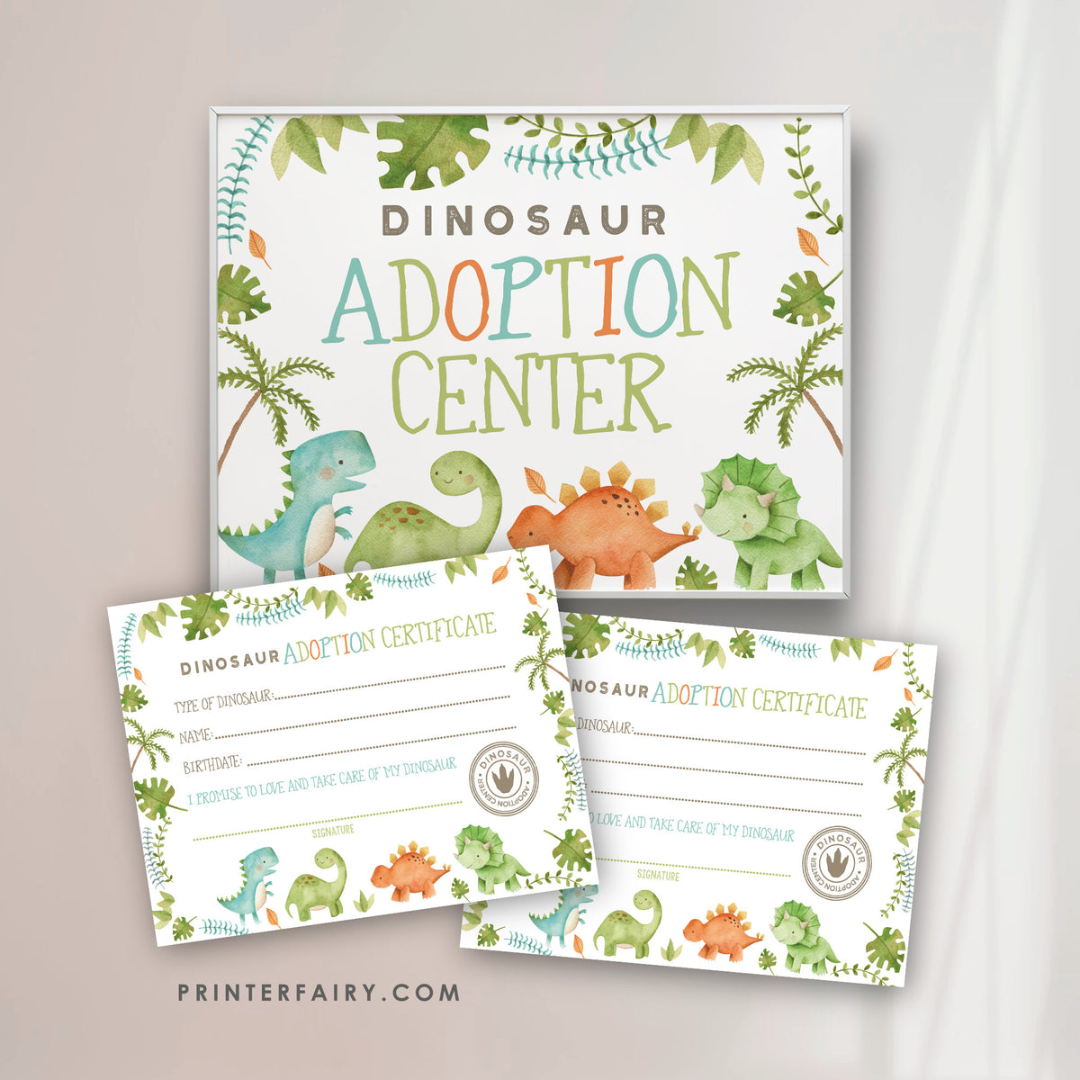 Dinosaur Adoption Sign and Certificate (Instant Download)
