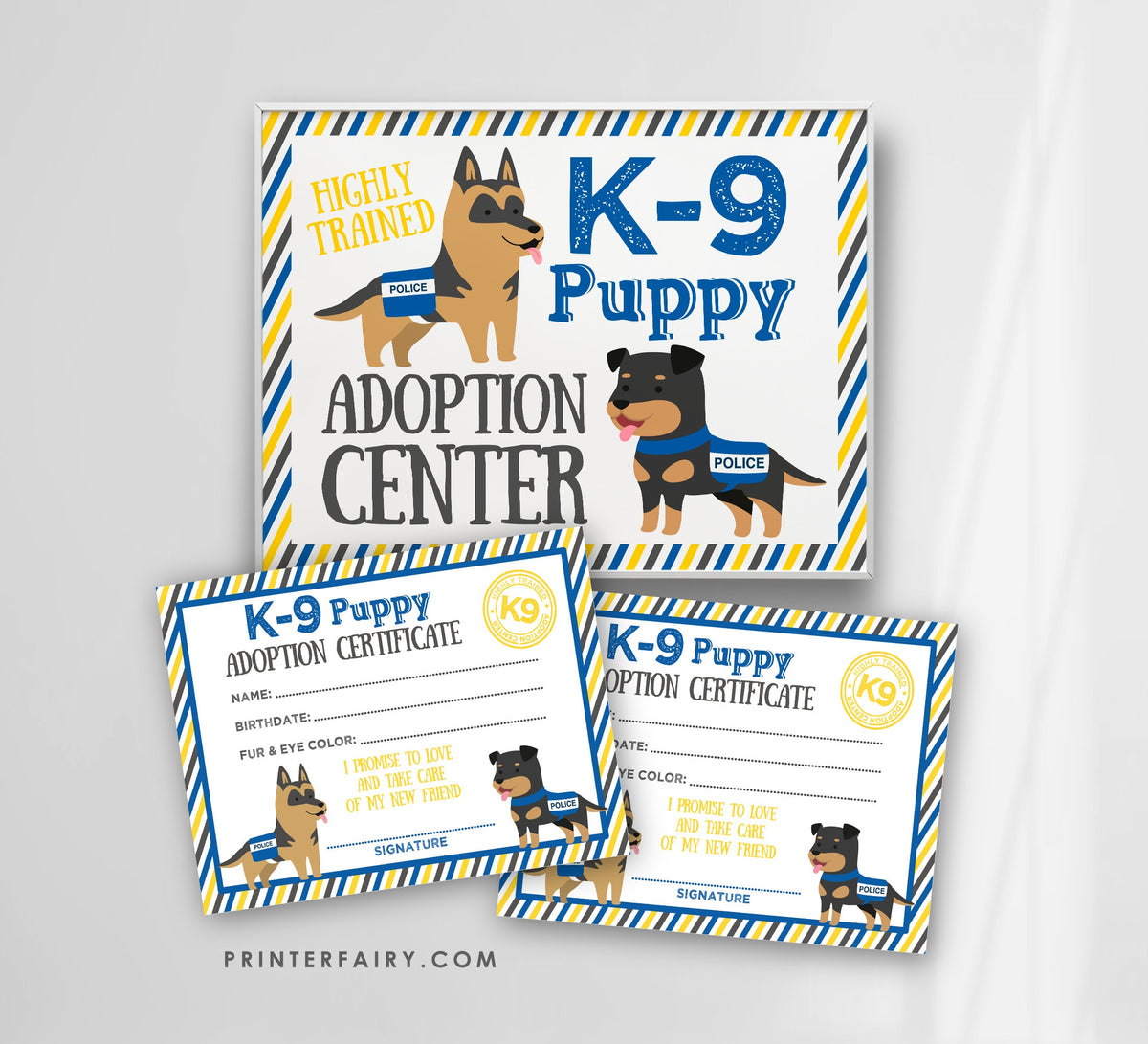 K9 Puppy Adoption Sign and Certificate, Police Birthday Party (Instant Download)