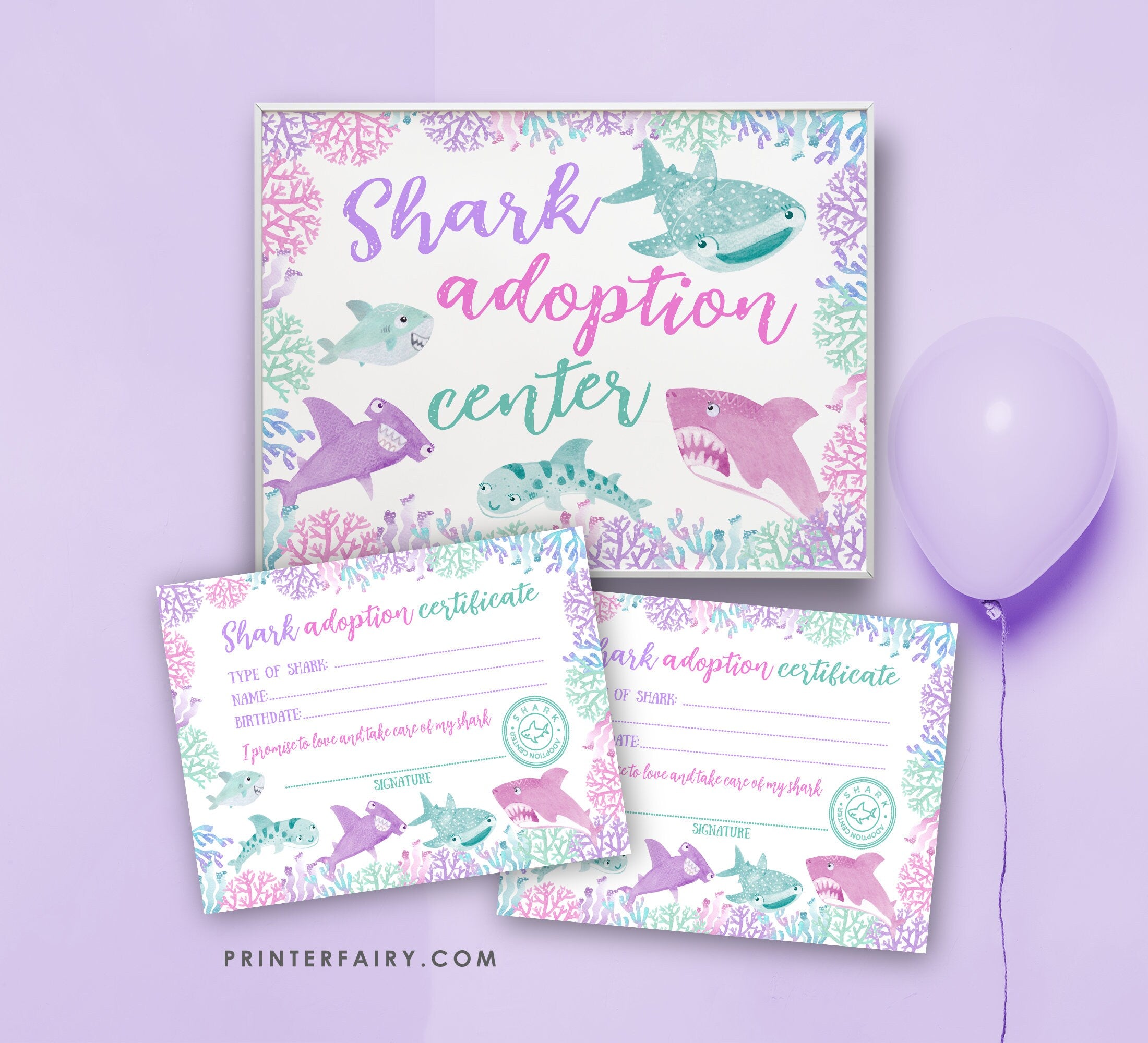 Shark Adoption Center Sign and Certificates, Birthday Party Games (Instant Download)