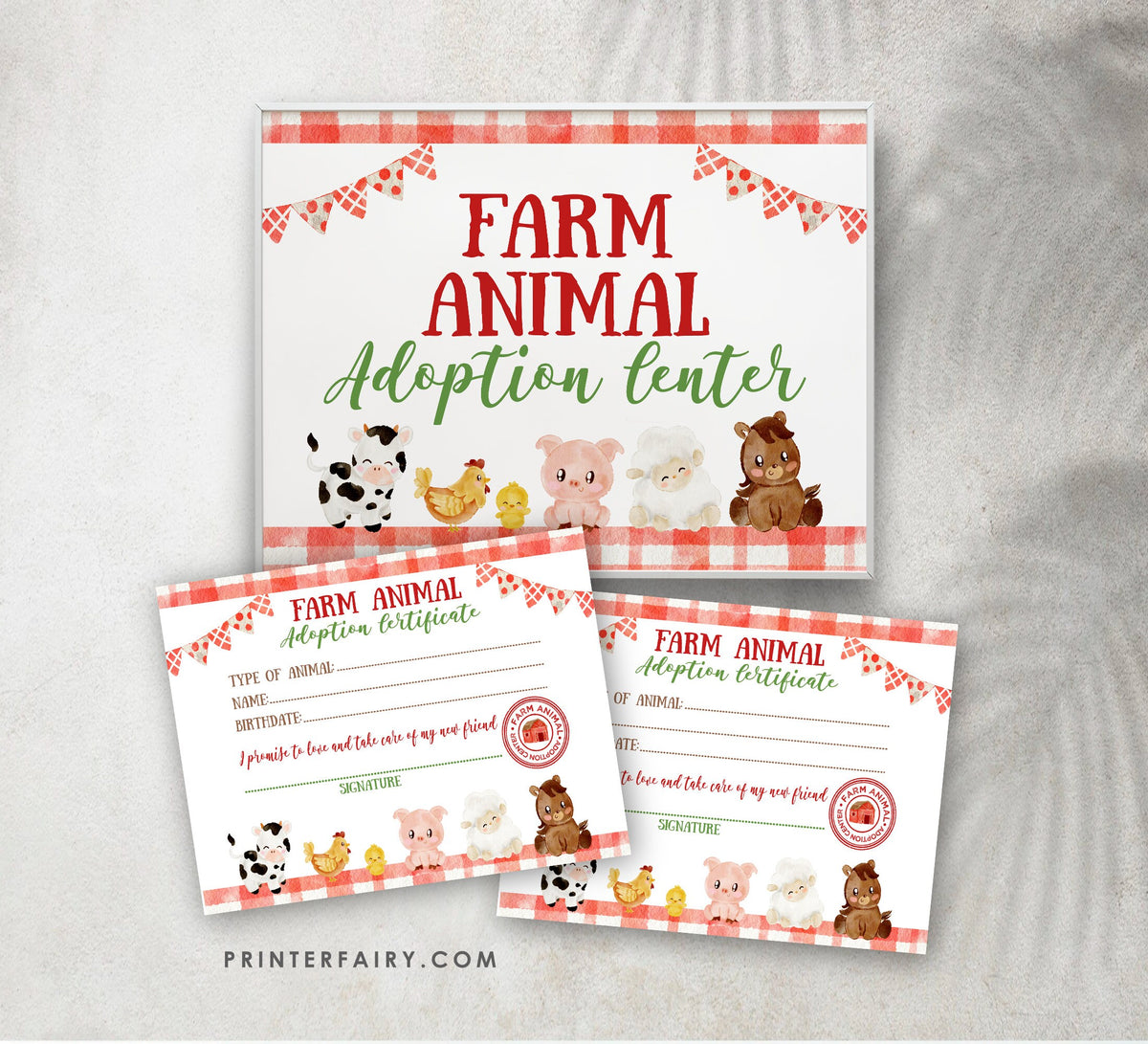 Farm Animal Adoption Sign & Certificate, Barnyard Birthday (Digital Download)